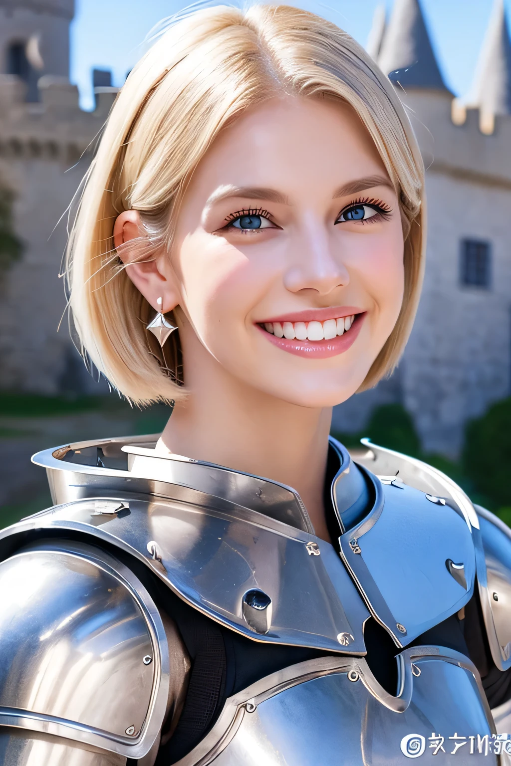 8K、highest quality、female knight、Luxurious Silver Armor、、hairstyle short cut、smile、Beautiful Teeth、Full body photo、ear piercing、blonde、White woman、blue eyes、Heavy makeup、The background is inside the castle