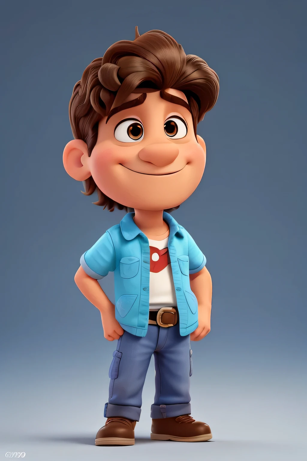 crie pra mim um personagem disney pixar de 40 anos com cabelo castanho e olhos castanhos, He's a graphic designer
