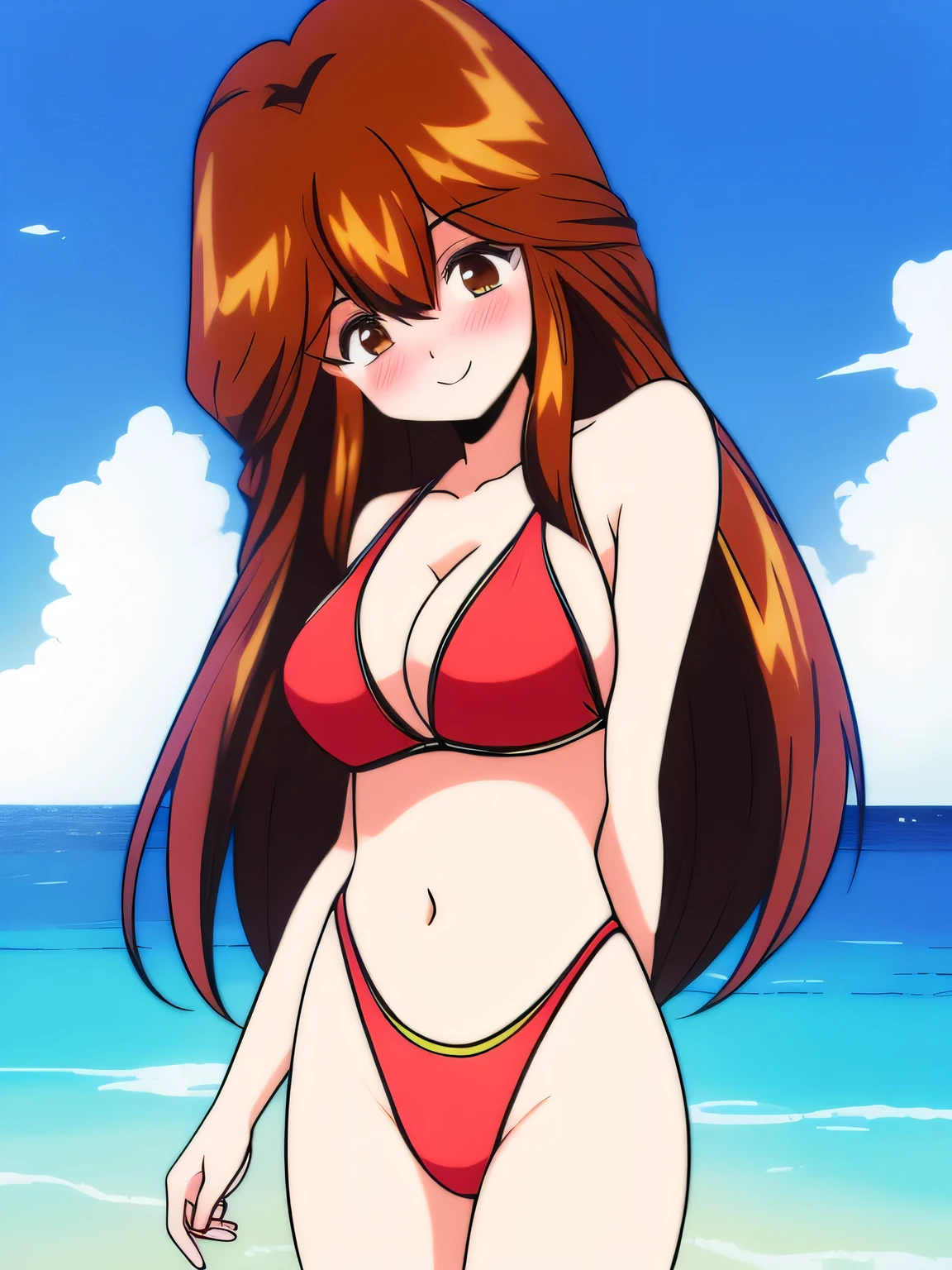 It is, One girl, Brown eyes, Brown Hair,  Redhead, Long Hair, bangs, Hair between the eyes, smile, Under the body,
null, blush,((Swimwear)),((bikini)),sea
masterpiece, expensive quality, very_expensive_solve, big_file size, Full Color,