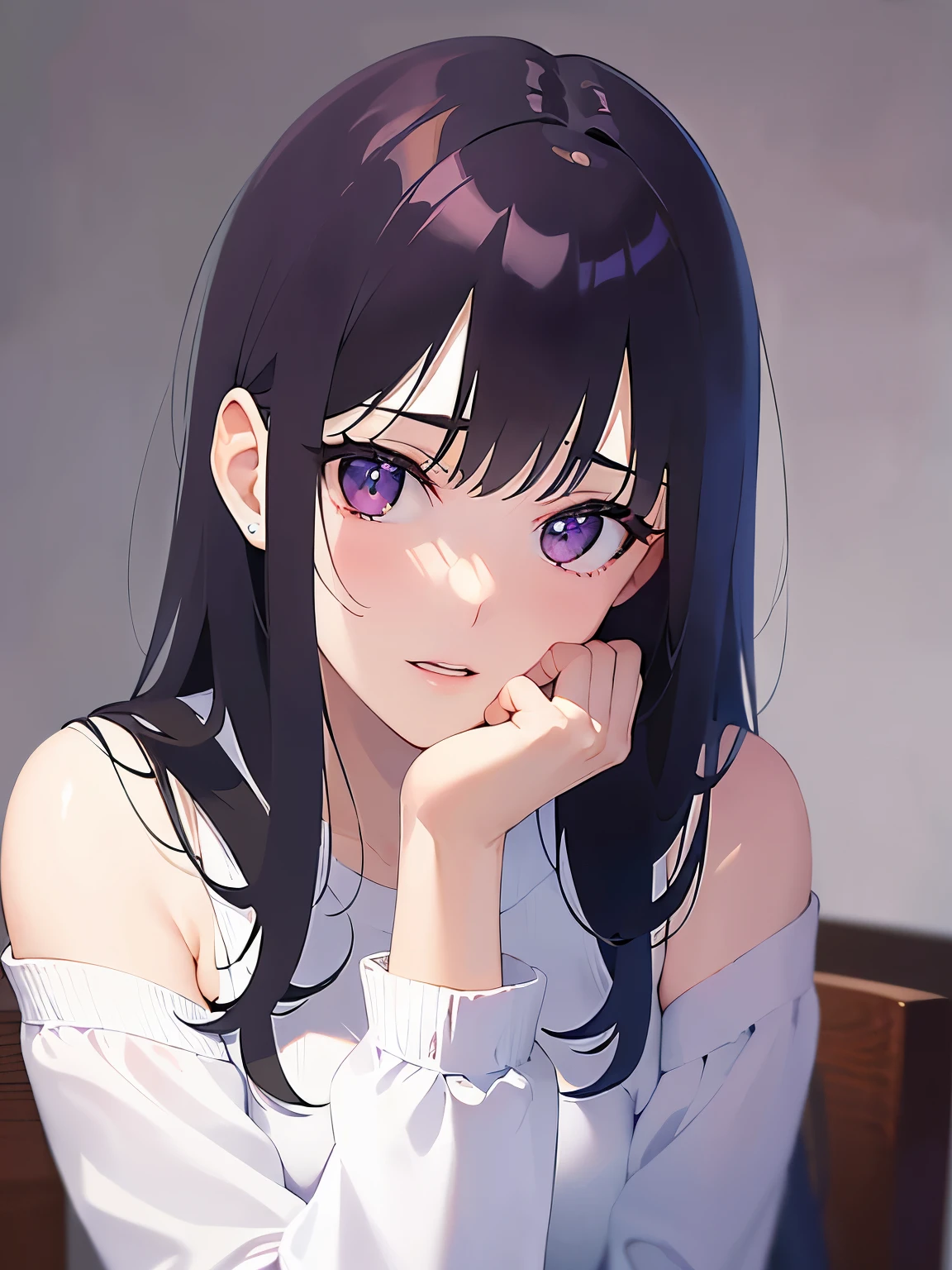 Placing both hands on face, Biologically correct five fingers、Upper Body, Realistic, real person, (pale skin: 1.2), shiny skin, shiny hair、(A 30-year-old woman with straight hair and bangs) and (medium hair) and (black hair) and (purple eyes) , (white:1.5) and (off shoulder blouse) and (long sleeve)、(embarrassed:1.3),