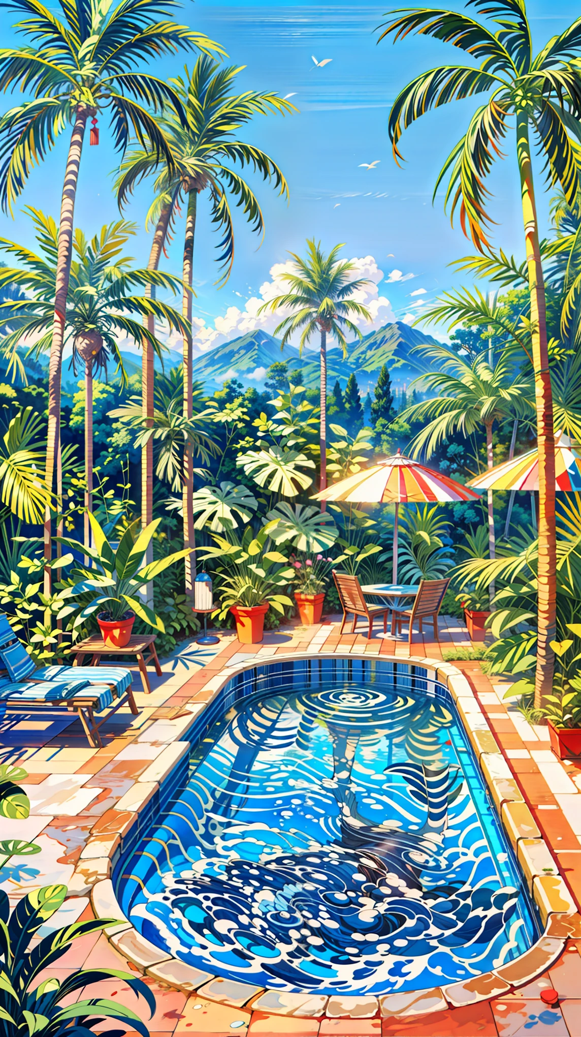 a painting of a swimming pool surrounded by palm trees, by Howard Arkley, by Hiroshi Nagai, by Edward Okuń, by John Wonnacott, by David Hockney, tropicalism, very detailed paradise, tropical setting, shusei nagaoka, hot and sunny highly-detailed, inspired by Howard Arkley, by Bob Thompson, tropical pool, 4k hd, beautiful art uhd 4 k, a beautiful artwork illustration, beautiful digital painting, highly detailed digital painting, beautiful digital artwork, detailed painting 4 k, very detailed digital painting, rich picturesque colors, gorgeous digital painting