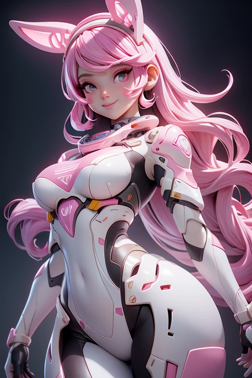 Perfect human body modeling, 1girl, small breasts, beautiful girl, cute girl and idol face, young face, smile, Beautiful long pink hair, twintails, Beautiful shining red eyes, white skin, Short body, Rabbit ears in robot style, powered armor, full armor, powered leg, metroid armor, Space suits, planetary exploration