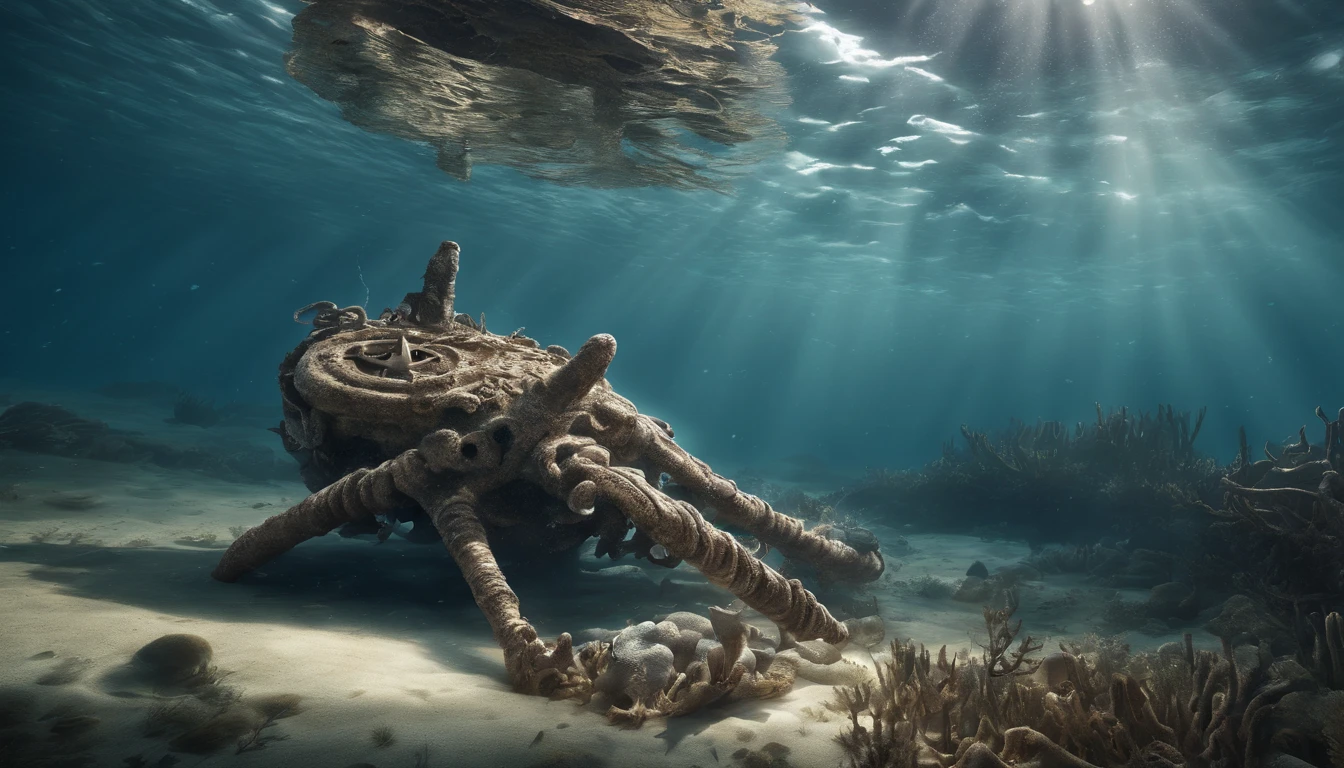 distinctive.(((show a CHROME ANCHOR stuck at the bottom of a deep ocean floor))) rays of sunlight filtered through the ocean surface, illuminating the hidden world below, create a captivating underwater scene. vertical panorama, ultra wide view. Ultra HD, work of art, award-winning photo, Wide Landscape Photography, (a view from below that shows the sky above and the open countryside below),