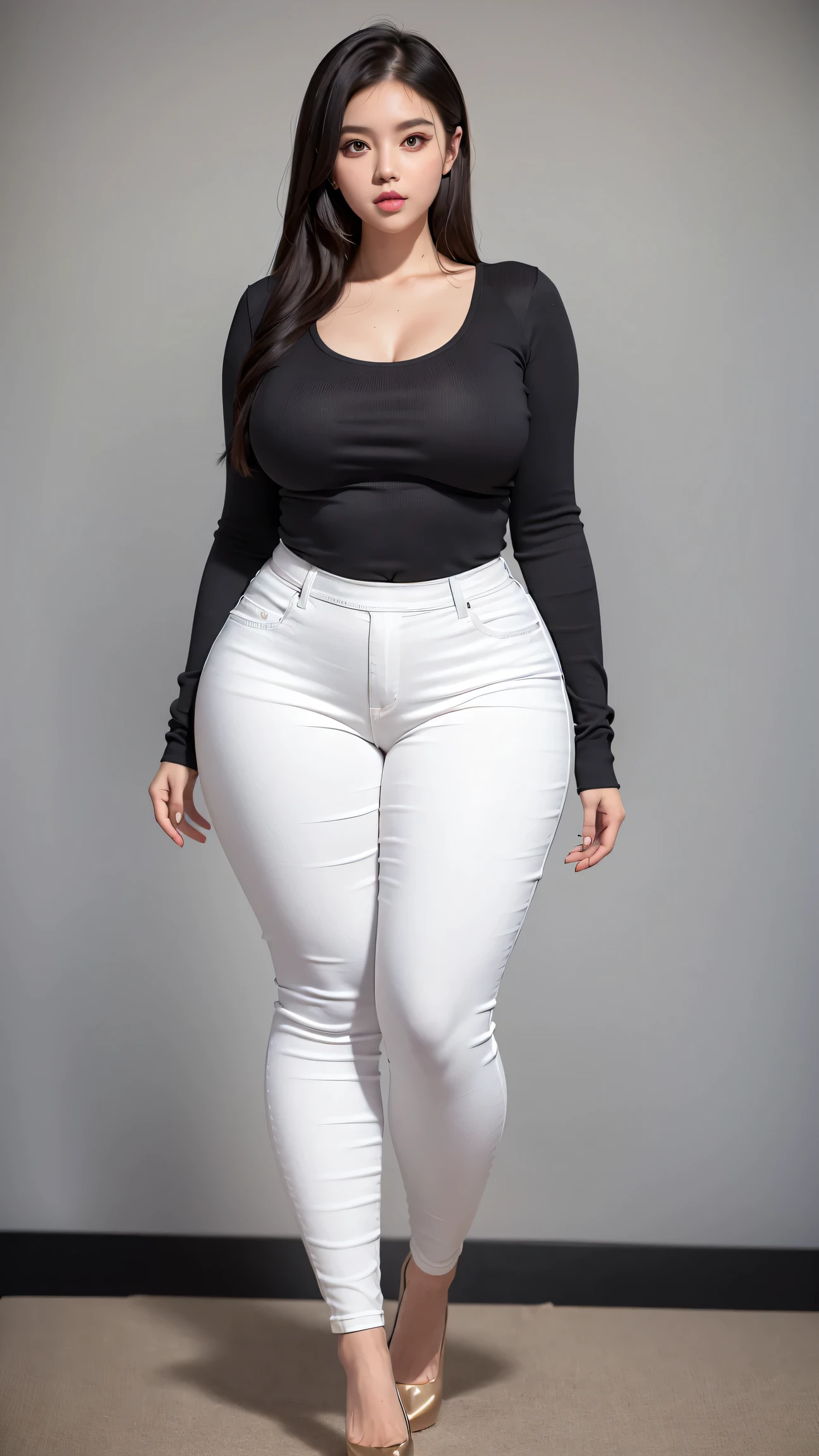 a woman in a black top and white pants posing for a picture, skinny waist and thick hips, wearing tight clothes, thicc, curvy hourglass figure, full body picture, close up to a skinny, curvy figure, wide hips, outfit photo, widest hips, thick body, wearing tight shirt, thick, black extremely tight jeans, middle body shot