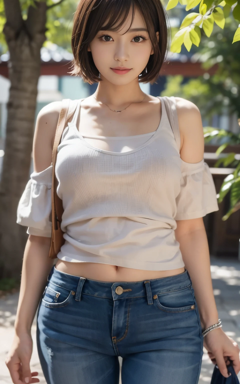 medium shot, ((show off nipple)), main street, japanese lady, pale skin, droopy eyes, 20 year old, bowl cut hair, ((white loose t-shirts,lowrise denim shorts)), ((standing)), high quality:1.3, shoot from below 2.0, Professional lighting:2.0 realistic:1.2, 4k resolution, detailed skin, masterpiece:1.1,smile,(tanned skin:1.3),(sunburn tanlines:1.3),(athlete:1.2),(no bra:1.3),(braless),