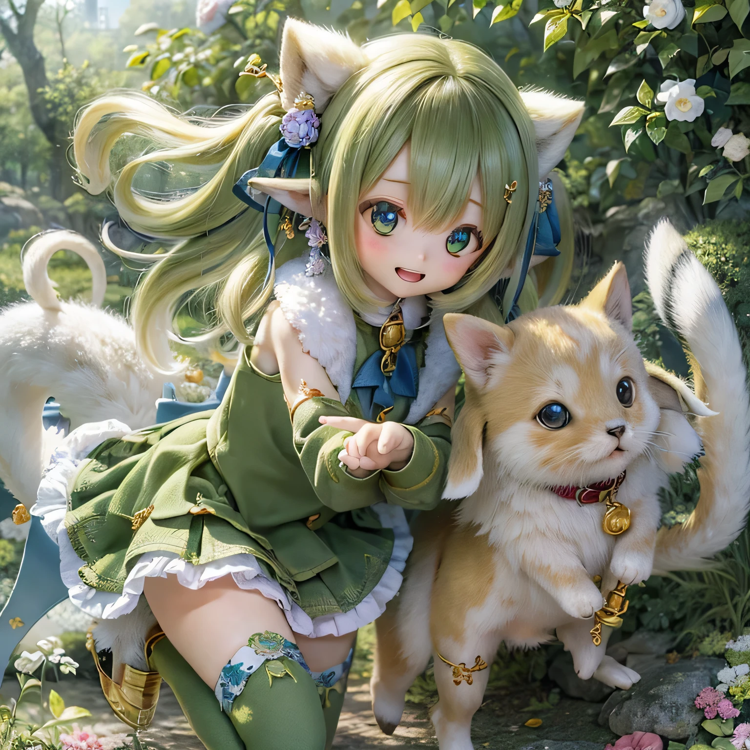 highest quality,Very detailed,Realistic,Portraiture,Stylized,pastel colour,sunlight,Green Garden,Cute expression,Shining Eyes,Fluffy fur,Girls running through the fields,A playful atmosphere,Cherry tree,Fluttering petals,Hair loss,smile,Small ears and tail,Short skirt and long socks,Twin tails,Basketball court on background,freckles,Hand in hand,Excitement and joy,watercolor style,Chubby Cheeks,rays of warm sunlight,Breeze,Innocence,Laughter,Vibrant Energy,Harmony and friendship