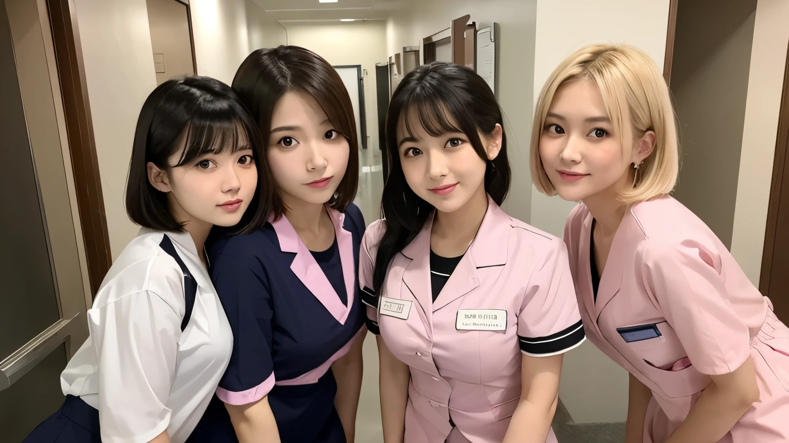 (3Girls)、(Beautiful Japanese、18years old,round face、Refreshing、clear、seems kind、stylish、Pitiful、cute like an angel、cute、black eyes、,actress,Almond-shaped eyes), Good style , (Beautiful big breasts:1.0),(soft breasts),(very cute),(Blonde),(short bob hair),(enchanting eyes),(highlight on eyes:1.2)、(8K、Live shooting、highest quality、masterpiece:1.2、optimal lighting)、((masterpiece)),(Photo taken by a professional photographer),(real、photo real:1.4),break,{ (pink nurse costume),(((taraditional nurse uniform))),(pink nurse mini skirt),(( pantyhose)),(cleavage:0.7)},(Shy:1.4),(cheeks are red:1.3), break, break,Hospital,Face shot、Hospital corridor、Crouching