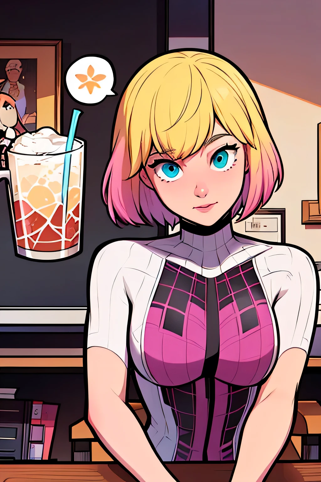 Gwen stacy - spider-verse drinks coffee