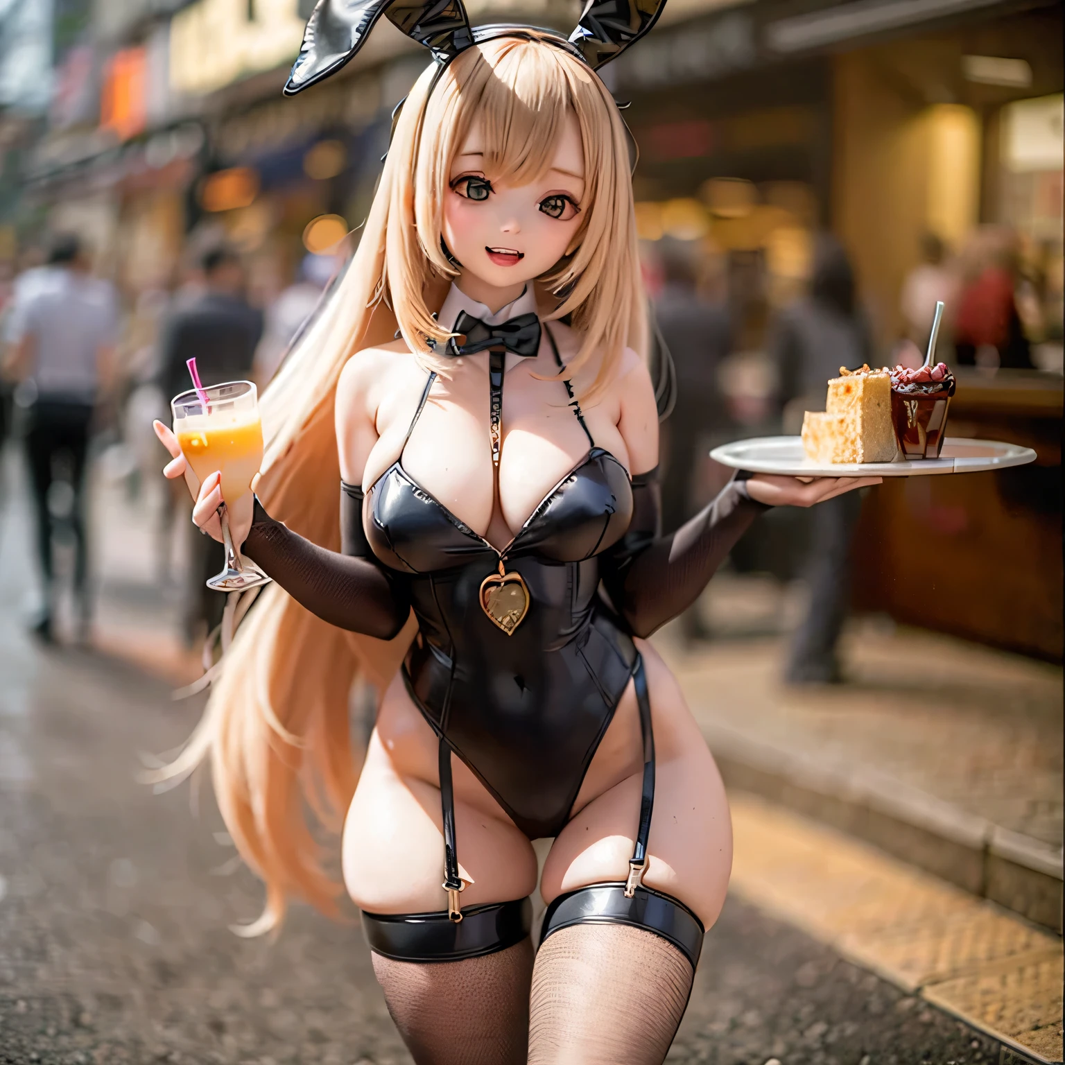 Wearing fishnet stockings and high heeletallic red Playboy Bunny Casino big girl holding a tray of drinks