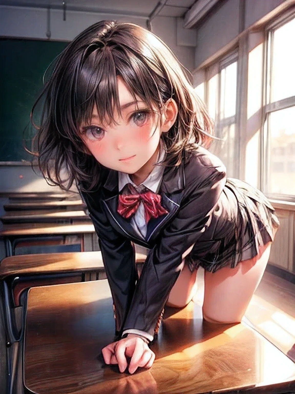 masterpiece:1.2, highres,8k, ultra-detailed:1.2, photorealistic:1.37, cute girl, full-body visible:1.2, a cute girl Push butt up and lean forward, in classroom on the desk and looking at viewer(perspective depiction), beautiful delicate (hair, face, eyes, lips), delicate pupils, sparkling eyes, bright rosy lips, cute face,provocative smile, head tilt, school blazer, plaid skirt