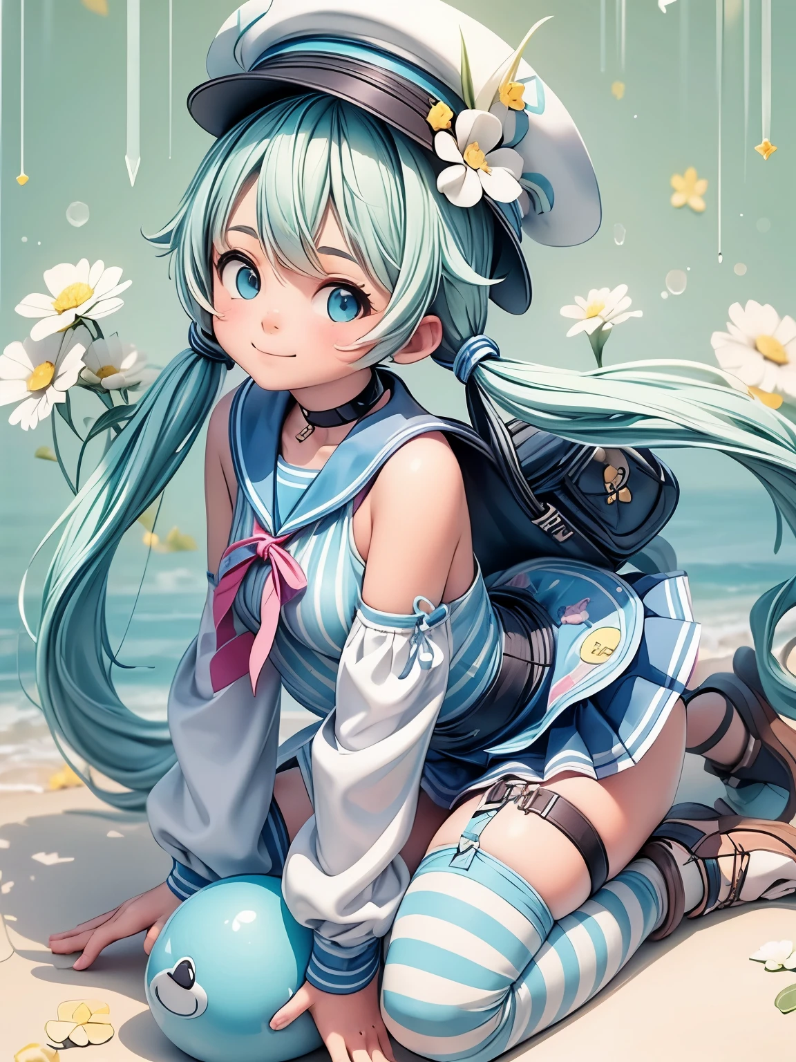 (masterpiece、highest quality、highest quality、Official Art、Beautiful and beautiful:1.2)、(One girl:1.3)Hatsune Miku、Twin tails,Big Breasts,masterpiece,(highest quality:1.3),One girl,Barbara \(Genshin Impact\),smile,Official Alternative Costumes, choker,Sailor's hat,Hat Flower,blue eyes,Blonde,Twin tails,Blue one piece swimsuit,Yellow ribbon,Removable sleeves,Animal Bag,Blue sailor collar,Striped ribbon,Exposing shoulders,Thigh strap ring_length, whole body,