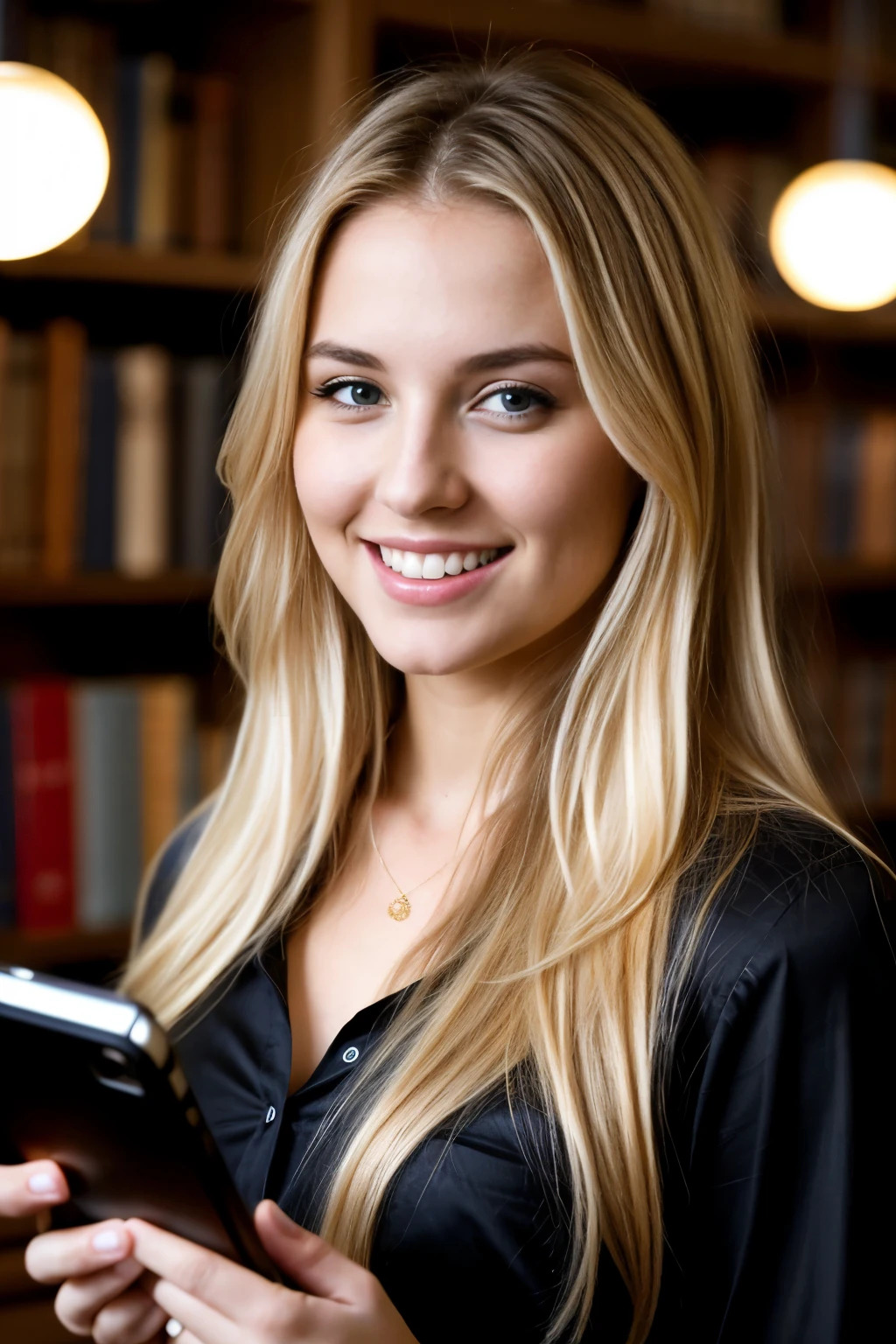 A 23-year-old blonde woman with large breasts and long, really long hair that is blonde with light brown roots, is taking a selfie in a digital library. She is wearing an elegant black shirt with a v-neck and is holding an iPhone in her hand, taking a high-quality, selfie with a clear, centralized focus, using volumeric lighting and good contrast. The image is cinematic, dramatic, and of exceptional quality, captured with a Nikon camera and taken in natural light. Her deep blue eyes are smiling seductively, showing a little bit of her teeth, as she looks at the viewer with a flirty expression. The library is filled with books, creating