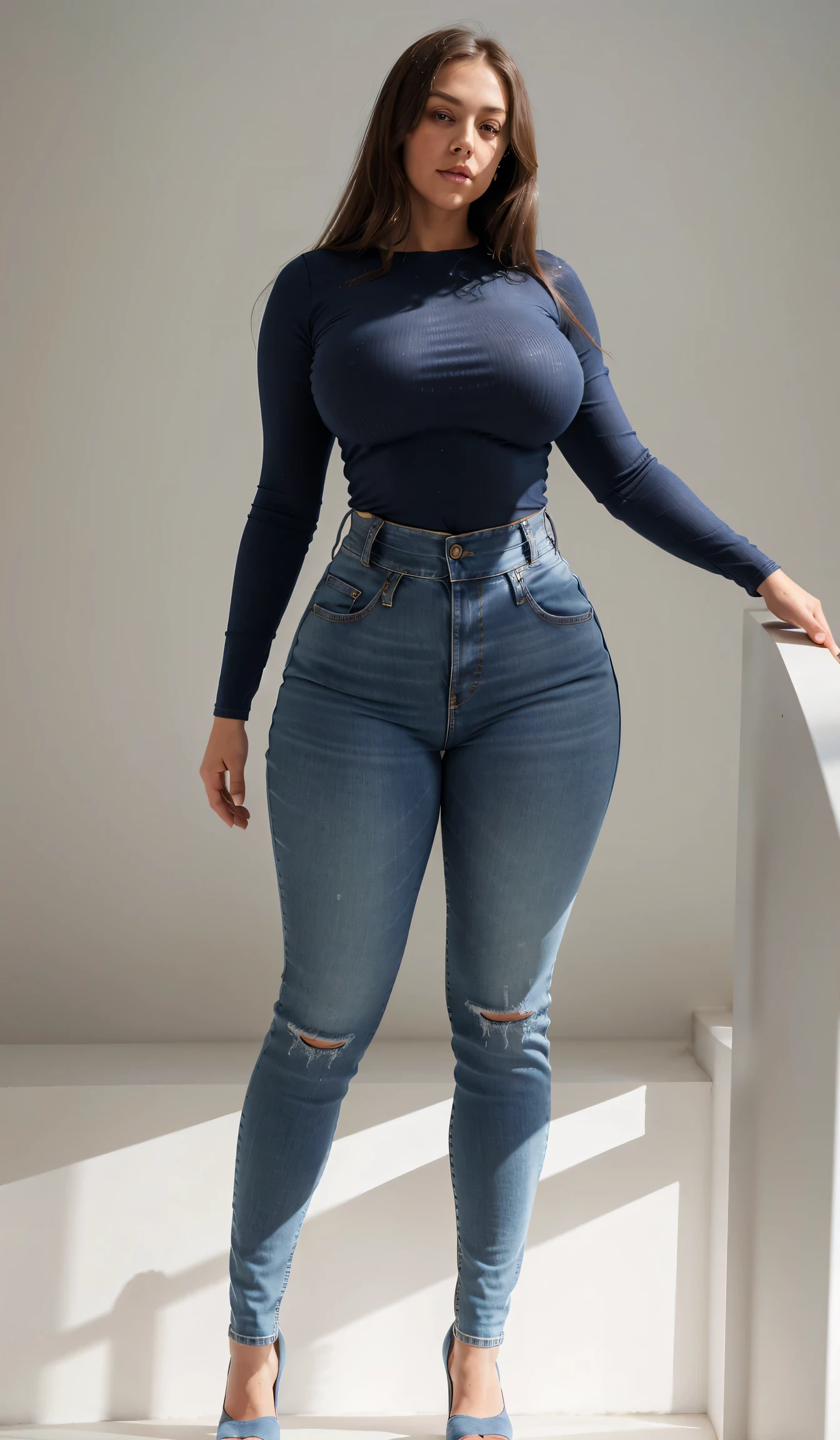a woman in jeans and heels standing on stairs, skinny waist and thick hips, wearing tight simple clothes, curvy hourglass figure, wide hips, perfect and proportional body, tight outfit, thick body, tight short denim jeans, hourglass figure, thick thighs, curvy figure, accentuated hips, perfectly shaded body, short flat hourglass slim figure, attractive feminine curves, huge breasts, wide hips, tall, long legs
