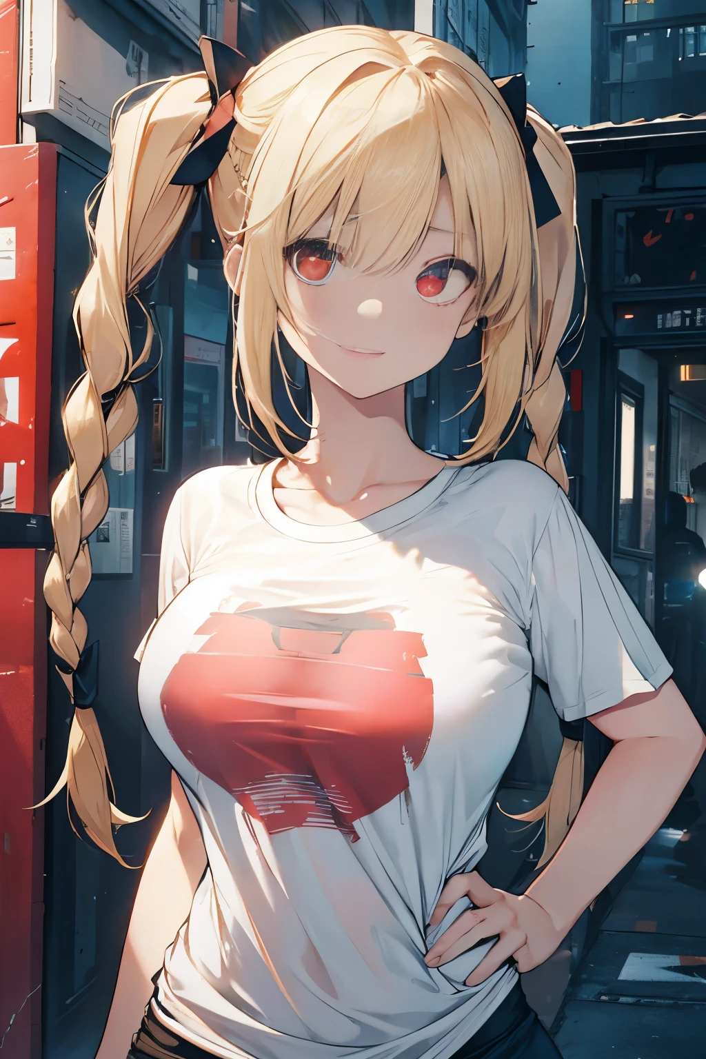 Optimal，masterpiece，High resolution，highest quality，Hyper HD，Very detailed，Award-winning，16k，alone，（Upper Body），Correct Anatomy，Beautiful Cyberpunk Girl，Upper Bodyの写真、Cute face，，blonde、Long Hair、Twin tails、Braid, Hairline，（（Scarlet Eyes）），Long eyelashes，Drooping eyelids，White skin，((Shoot from the front:1.5)), ((Tight T-shirt:1.5)), Clock Top、rocket , (Large Breasts),