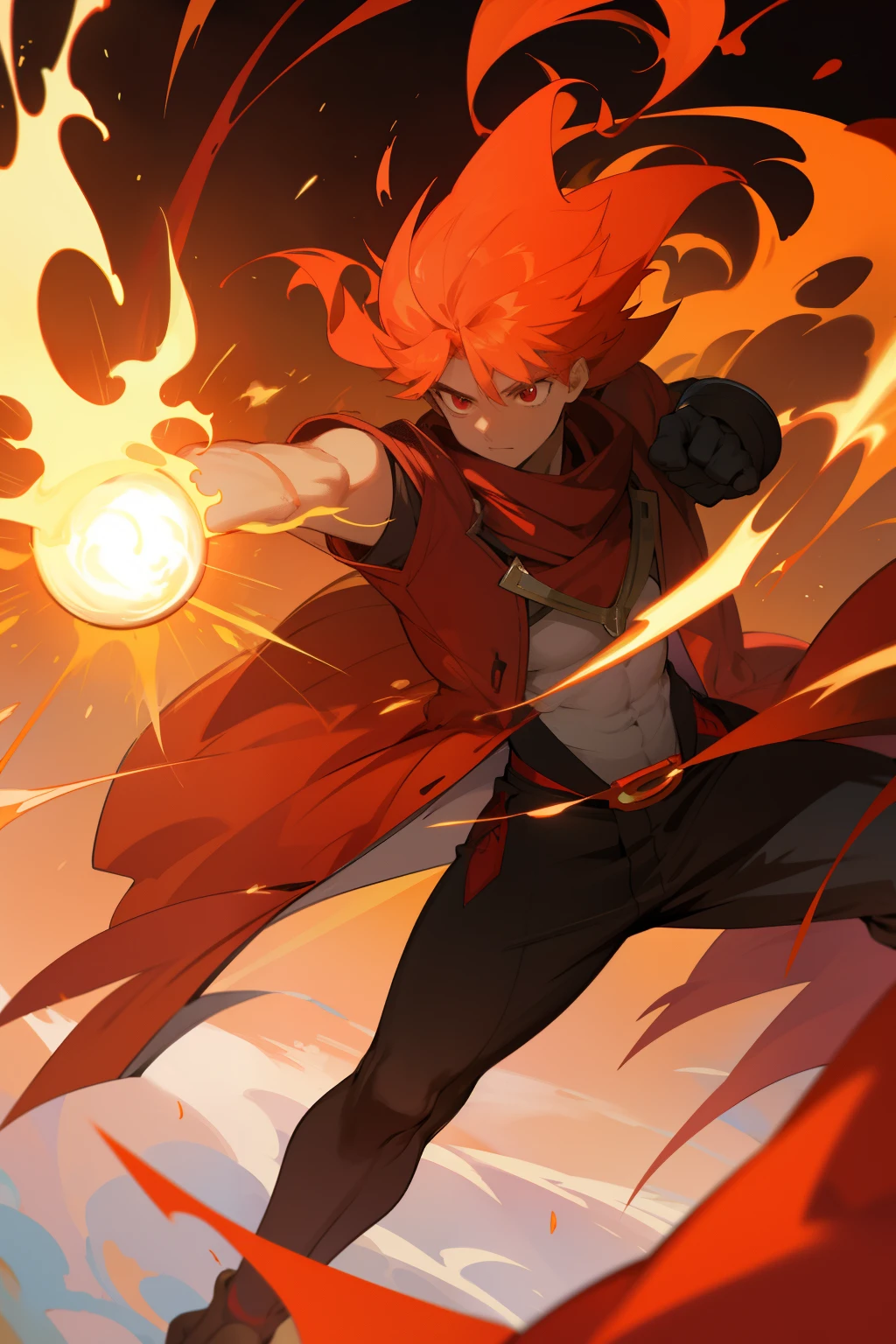 Anime Blaziken, with fiery red eyes and muscular build, stands proudly in the heart of Unova region. As its blazing red aura intensifies, the surroundings grow hot, and the once calm air is filled with the smell of singed grass. The Pokemon raises its paw, preparing to throw a ball of fire towards an unseen enemy. The flame orb gleams ominously, casting an otherworldly glow over the trainer's determined face. The heat waves emanating from the creature shake the very ground beneath its feet, and the air crackles with the impending impact of the incoming inferno. The flames engulfing its body seem to dance as if in rhythm with