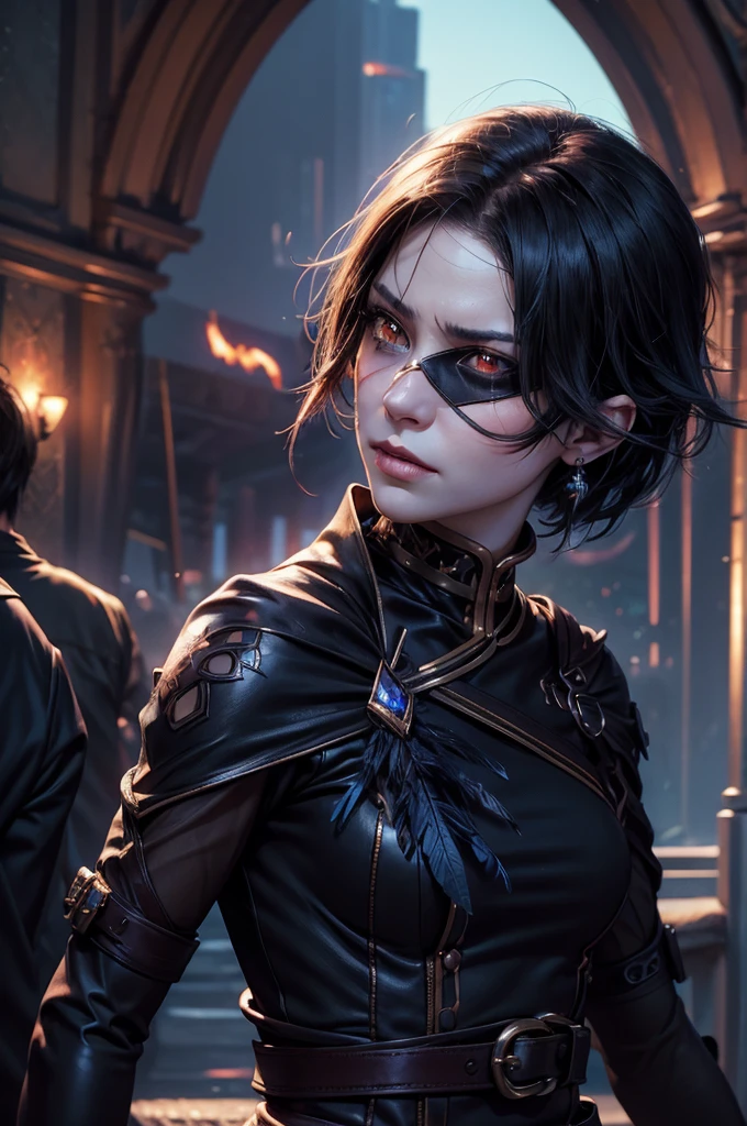 stunning girlfriend, heart shaped face, elegant face, beautiful face, highly detailed face, highly detailed skin, skin pores, subsurface scattering, realistic pupils, full lips, detailed background, depth of field, atmospheric perspective, volumetric lighting, sharp focus, absurdres, realistic proportions, good anatomy, (realistic, hyperrealistic:1.4), 16k hdr, cinderfall2023, best quality, masterpiece, 1girl, anime style, glowing eye, standing, black suit, belts, blue feather diamond, eyepatch, flame,  standing, on mountain side, crowd