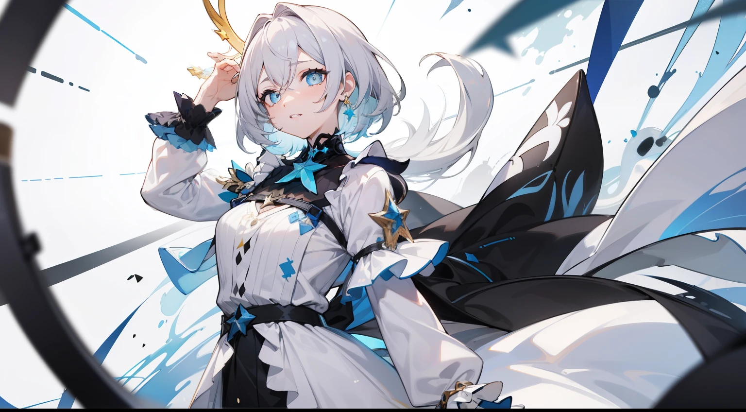 gacha splash art, blue eyes with yellow pupils, in the style of honkai star rail splash art, woman with grey hair
