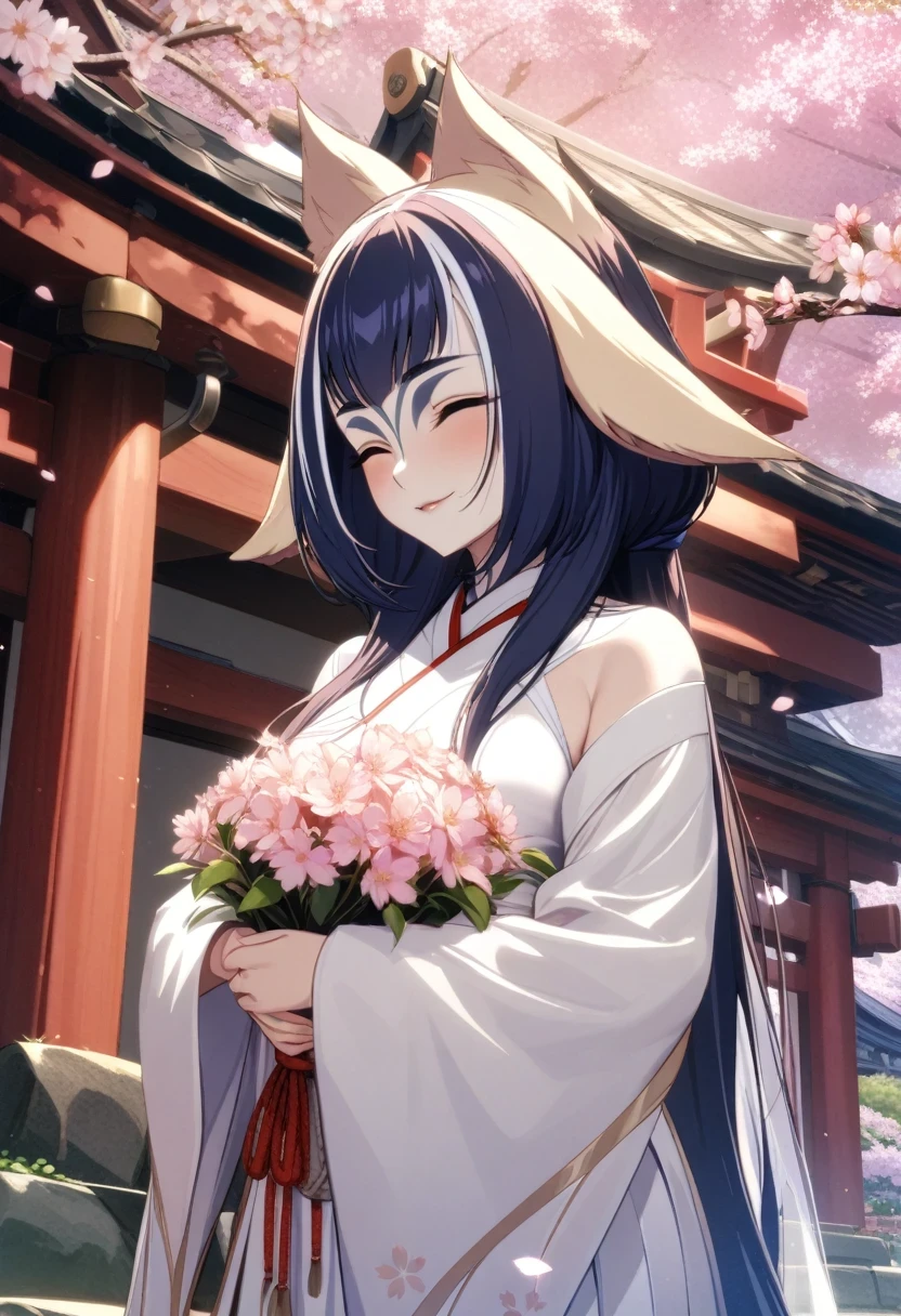 (shylily/(Twich/):1.5),(masterpiece:1.2),(best quality:1.2),, (1girl:1.3), miko,Long Hair,The ends of the hair are tied togetherfox ears,Hang your ears,She wears a cherry blossom and bridal white veil in her hair,Sakura pinned to the veil,has pink M-shaped bangs,Wearing a white wedding dress,grown woman,Gentle smile,The fox becomes a woman,under a sakura tree,In front of the shrine,Holding a bouquet of pink cherry blossoms,Look up at the cherry blossom trees,4k HD,Wallpapers,She has only two fox ears,