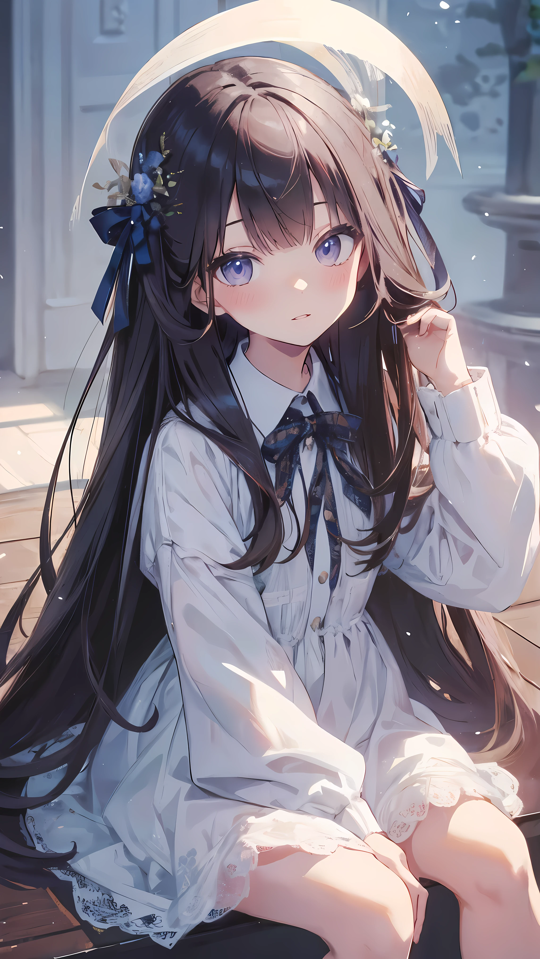 Masterpiece、Highest quality、highest quality、(((Lori)))、 ((((Petite))))、Shiny hair quality、Small face、Sitting、Super detailed, beautiful, wide eyes、Ultra-detailed, clear and beautiful faces、(cute illustration:1.2), High-resolution, ultra-detailed, best quality, embarrassed