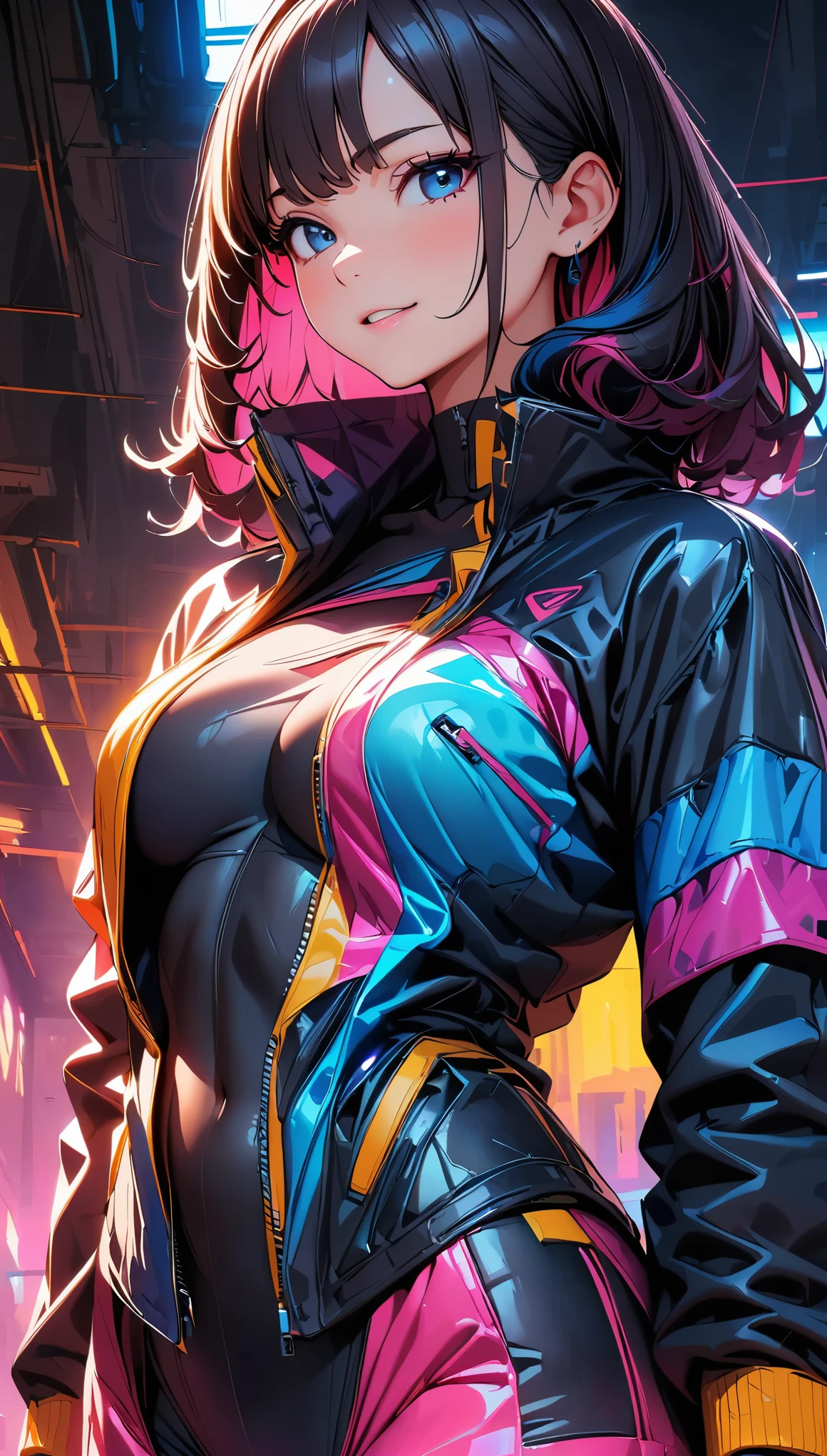 (highest quality:1.2, Very detailed, Latest, Vibrant, Super Detail, High Contrast, masterpiece:1.2, highest quality, Best aesthetics), cyberpunk suit,cyberpunk design,comic style,excellent body lines,well-equipped attire, amazing feminine silhouette, special operative, vibrant colors, immersive lighting