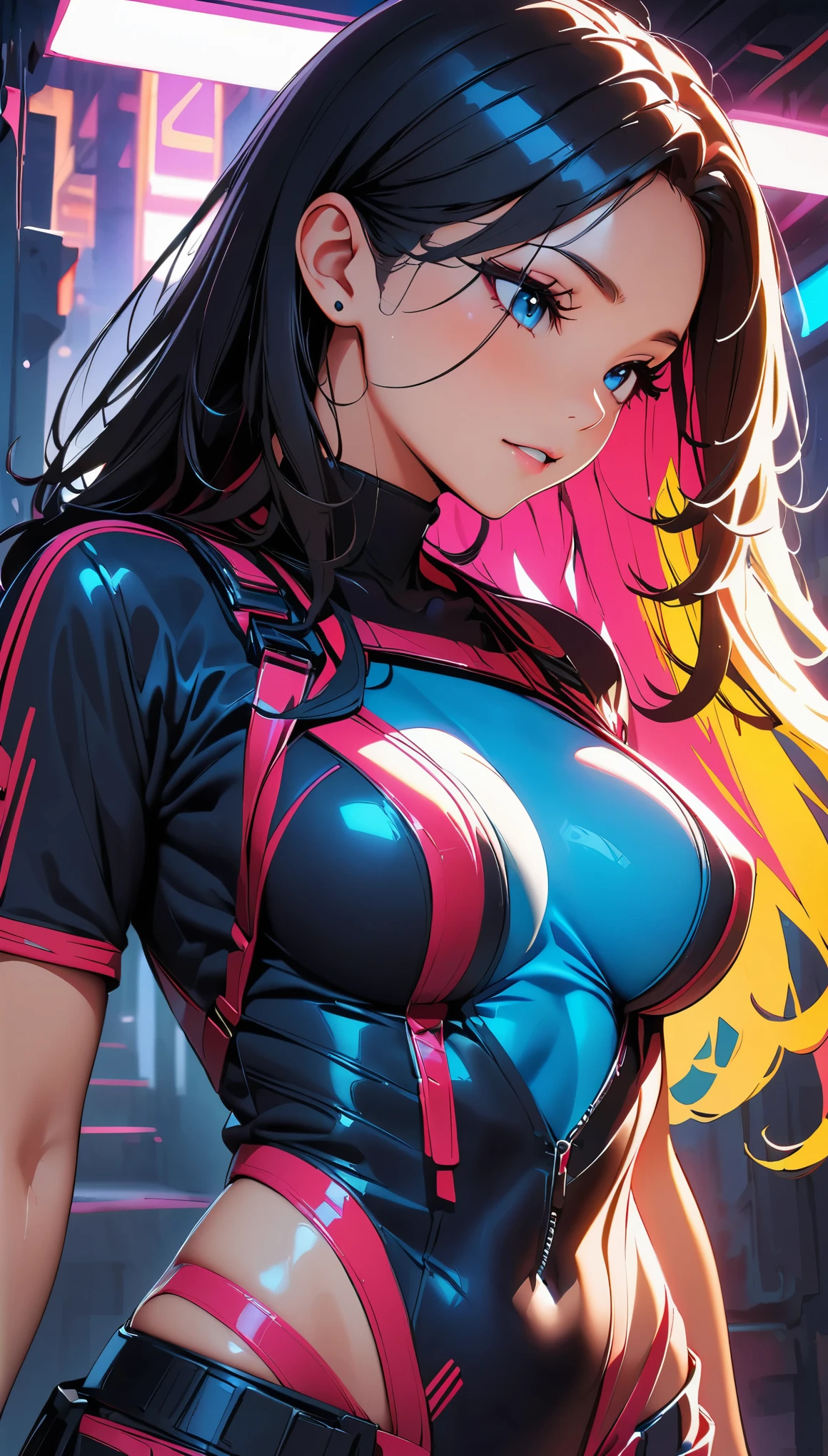 (highest quality:1.2, Very detailed, Latest, Vibrant, Super Detail, High Contrast, masterpiece:1.2, highest quality, Best aesthetics), cyberpunk suit,cyberpunk design,comic style,excellent body lines,well-equipped attire, amazing feminine silhouette, special operative, vibrant colors, immersive lighting