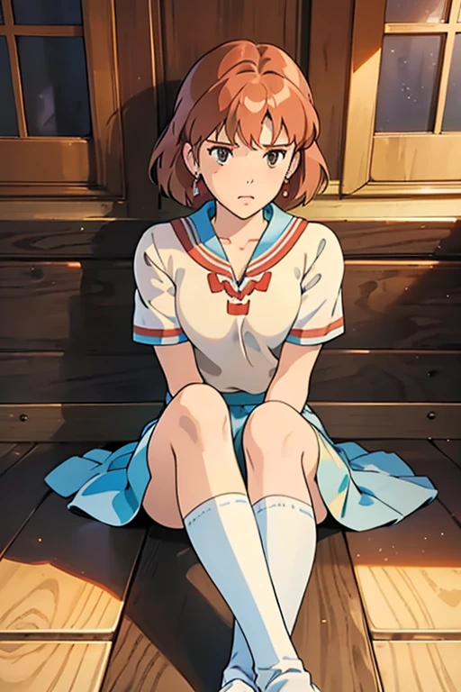 (masterpiece, highest quality, High resolution, Anime screenshots, Anime Color, 8k, Realistic), High School Girl Nausicaa, very cute, Sad expression, beautiful girl, clear, Baby Face, alone, Brown Hair, short hair, Red Gem Earrings, Loneliness, Secret Feelings, Moist eyes, (Looking at the audience), Cleavage, (High School Girl Uniform, mini skirt,Knee-high socks), Perfect beauty, Luxury hotel suites, (Perfectly detailed anatomy, Beautiful and elaborate face&eye:1.5, Shiny skin, Perfect body)、White underwear、I want to see the whole body