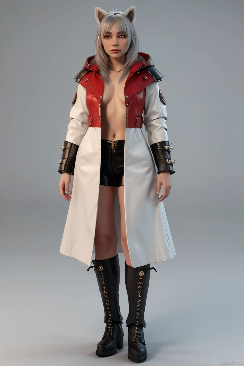 Armored red punk coat 3D reference sheet Futuristic fantasy cartoon style Simple anthropological bat brown fur white hair red eyes undecided gender 