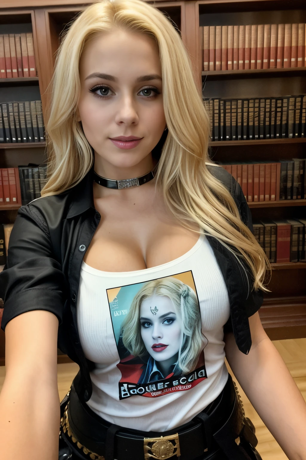 A 23-year-old blonde woman, with large breasts and hints of light brown roots in her long, gorgeous blonde hair, is seen taking a selfie in front of a digital library. The image is of exceptional quality, a true-to-life masterpiece, captured in high definition 4k, in the elegant style of a Suicide Squad character. The blonde woman wears a black escotada shirt, and her cleavage is accentuated in the selfie. The library background is in focus, with volumeric lighting and intricate details, creating a dramatic and cinematic effect. The selfie was skillfully taken with an iPhone and edited using Adobe Lightroom or PhotoDirect