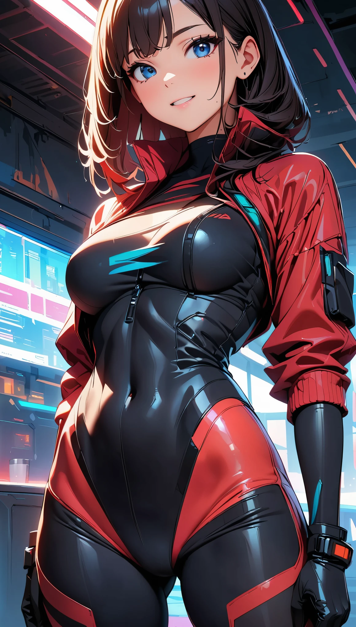 (highest quality:1.2, Very detailed, Latest, Vibrant, Super Detail, High Contrast, masterpiece:1.2, highest quality, Best aesthetics), cyberpunk suit,cyberpunk design,comic style,excellent body lines,well-equipped attire, amazing feminine silhouette, special operative, vibrant colors, immersive lighting