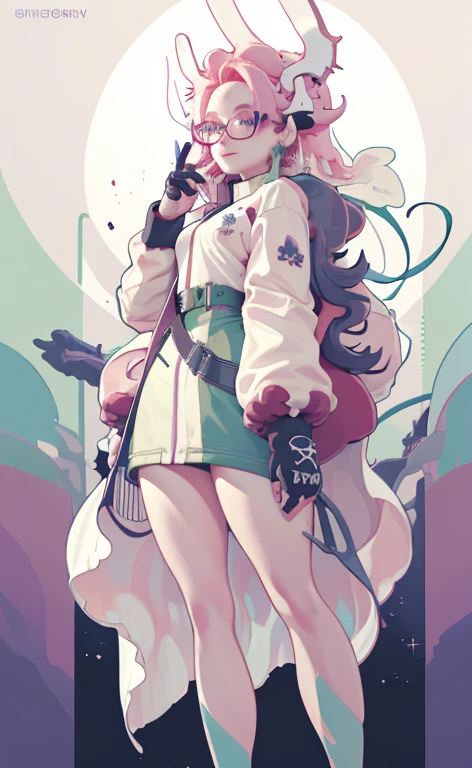 (masterpiece, Best quality, a high resolution, ultra detailed:1.2),Deepening finger details, (One, 1 girl, cowboy shot), Dokumiku, double tails, mittens, glasses on head, multicolored hair, pink eyelashes, Purple eyes, green jacket, BREAK, grin, teeth, (dynamic pose, crazy, evil scientist), (colorful background)