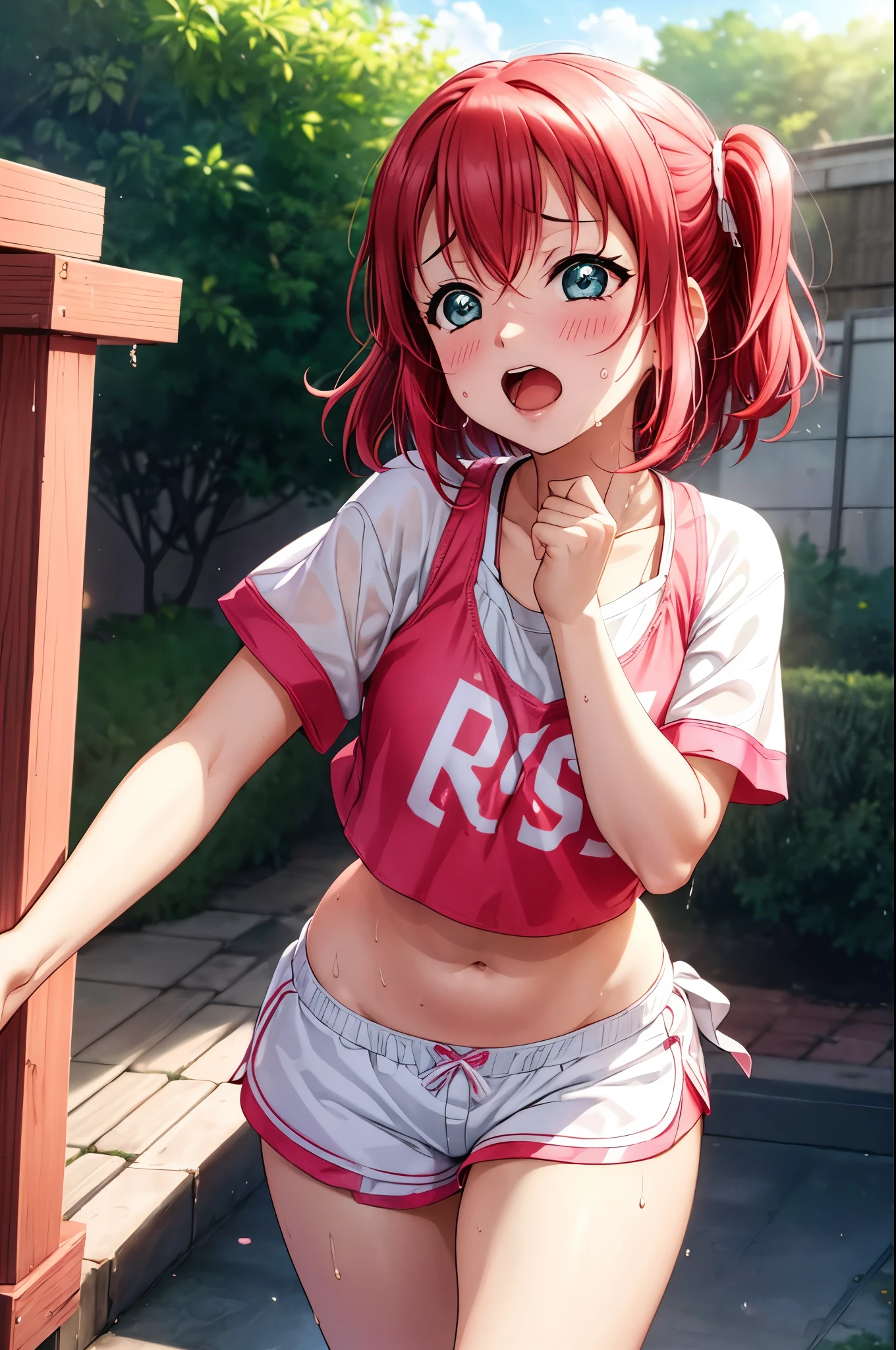 Kurosawa ruby,desire to have sex, (begging for sex:1.3),pink Crop top, white tight shorts ,soaked in sweat,sweaty, heavy breathing,red face,blunt hair,, standing, string thong bikini