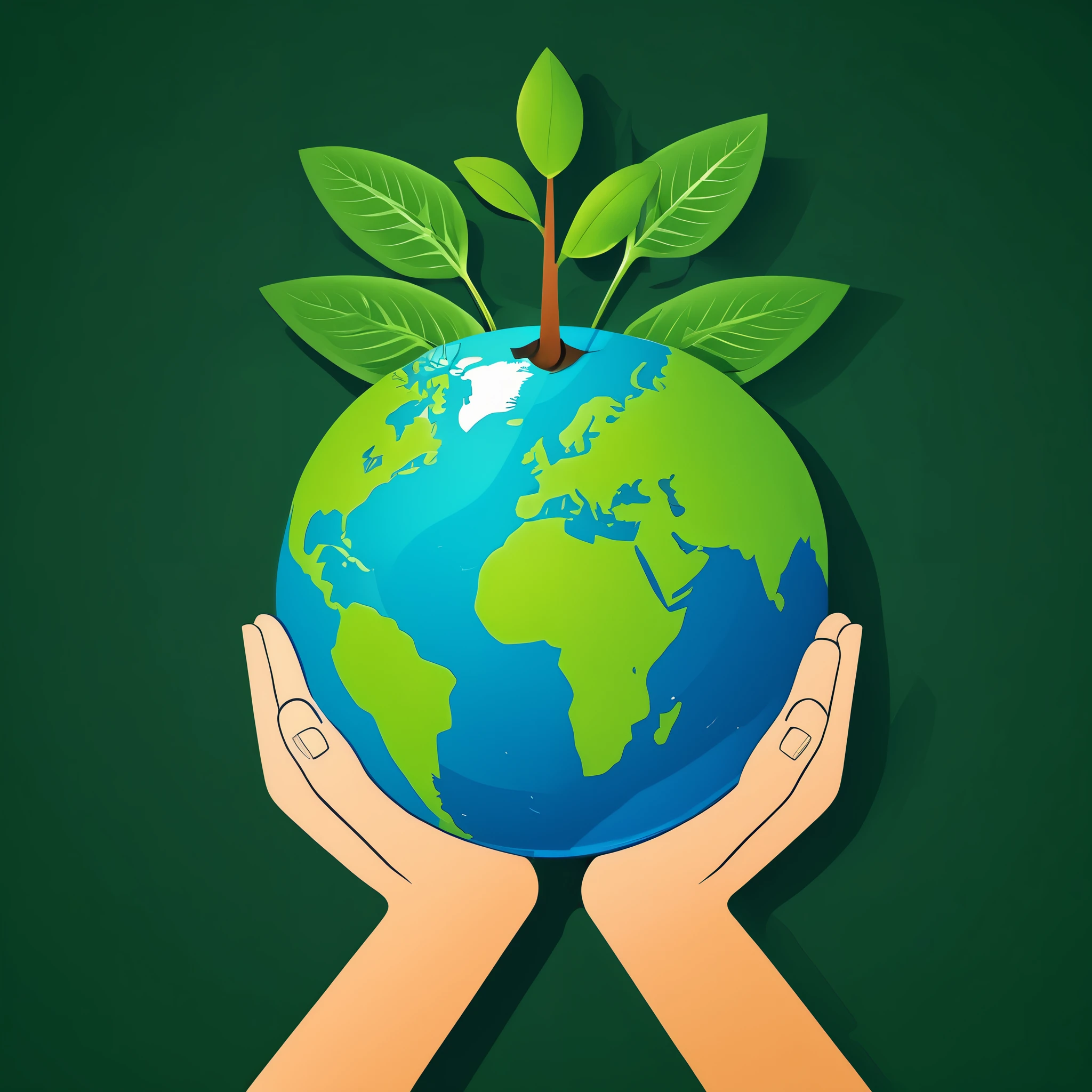 (best quality,8K,highres,masterpiece), ultra-detailed, tree planting, vector illustration, a poster with hands holding a earth globe and a plant growing out of it's top, text on it (plant trees save earth)