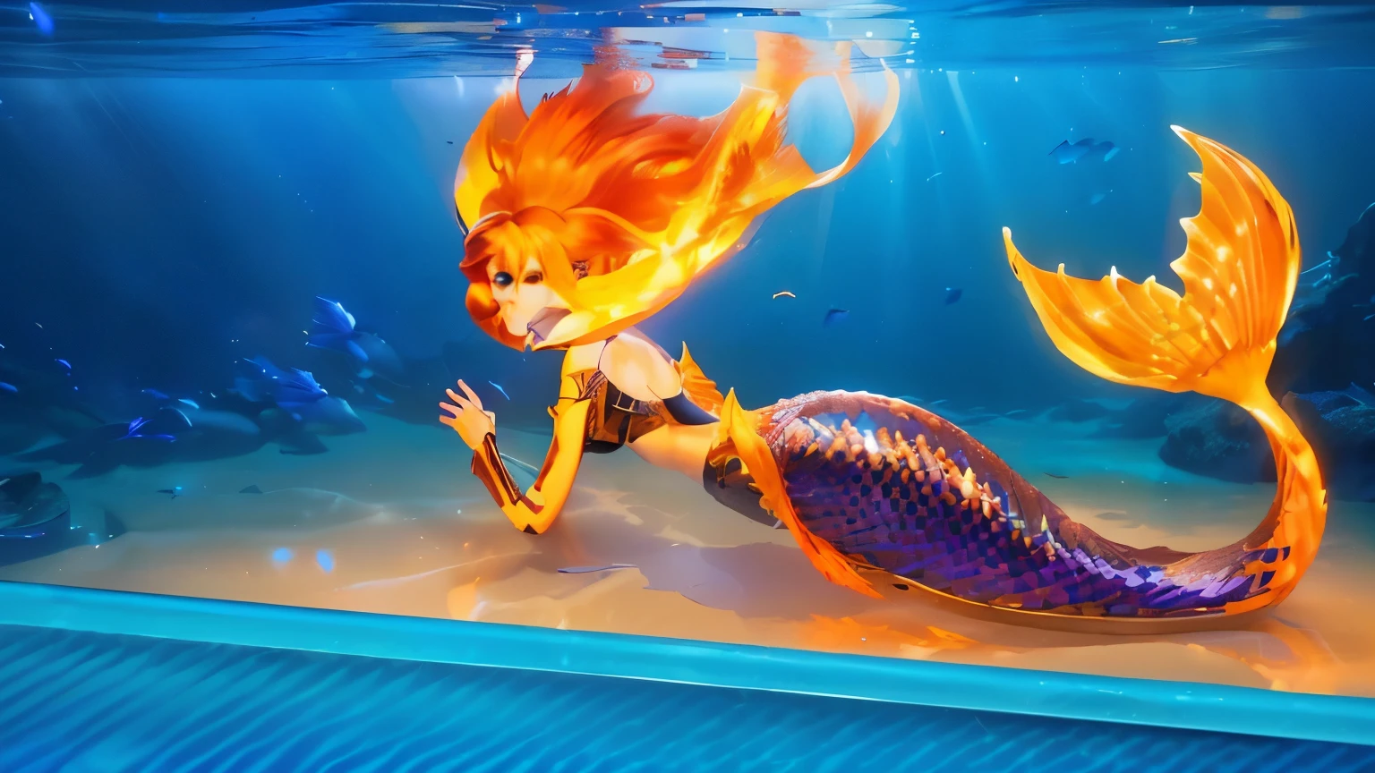 ember mermaid in a tank with a fish tail and a fish tail, as sea mermaid, game cg, splashcreen character art, stylized digital illustration, animated movie still, 3 d animated movie, animated film, cg art, in goldfish armor, siren, stylized digital art, nami, cg artist, closeup shot, fire!! full body, her hair is on fire, fireball lighting her face, firey, wearing tumultus flames, the background black, 4k, rim light, high resolution, 4k, smooth 3d model, multiple light sources, perfect cgi, cgi art created only with gradients, smooth silhouette, high intensity refraction, (super glossy chrome material), most beautiful vfx, blue background, in 4k resolution, allowing viewers to immerse themselves in the richness of the colors and intricate details. The realistic rendering. under the sunlight, reflecting, high-resolution image, realistic rendering, dark background, and rim light photorealistic