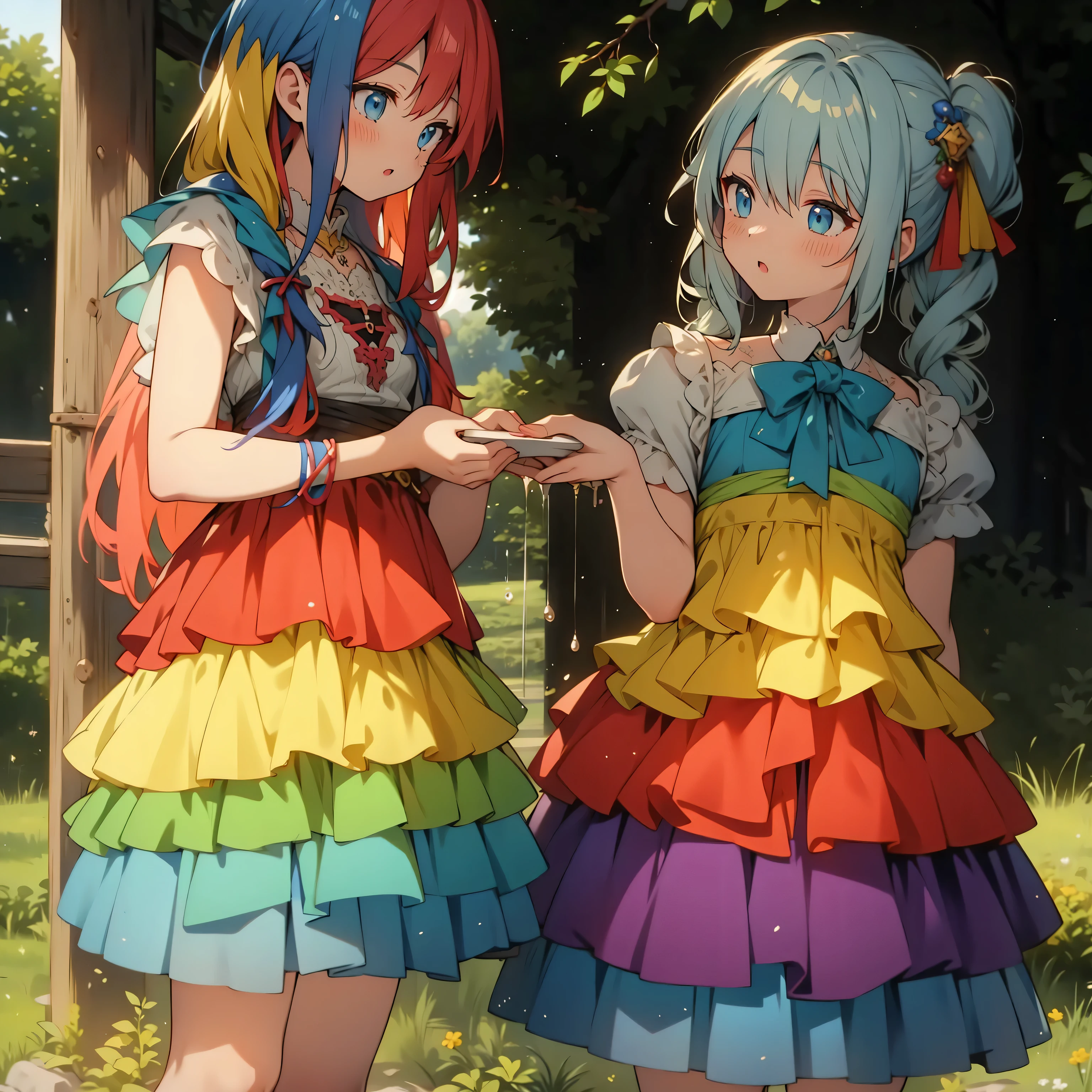 two anime girls dressed in colorful dresses standing next to each other, Anime Style. 8k, Rainbow clothing, colorful]”, Anime Color, artwork in the style of Gweitz, Gweitz, Anime Style 4 k, Two beautiful anime girls, Rainbow Core, cute colorful adorable, Gweitz on pixiv artstation, Just one rainbow 8 K