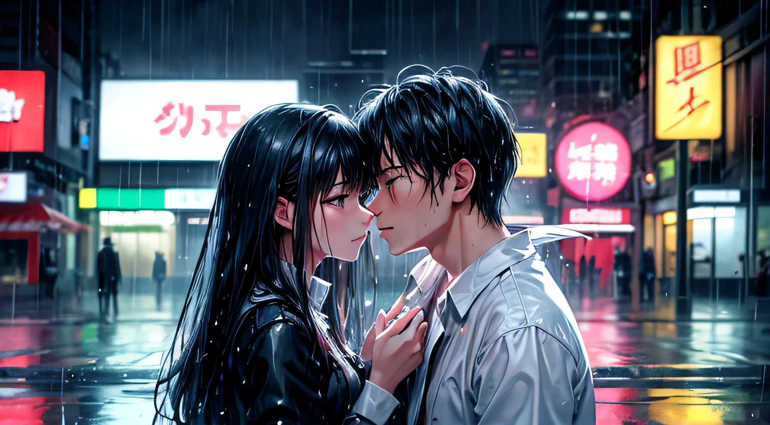 in the rain、Man and woman gazing at each other、Neon Light、Raindrops、Rain-soaked hair、Perfect facial expression、Perfect hair description、