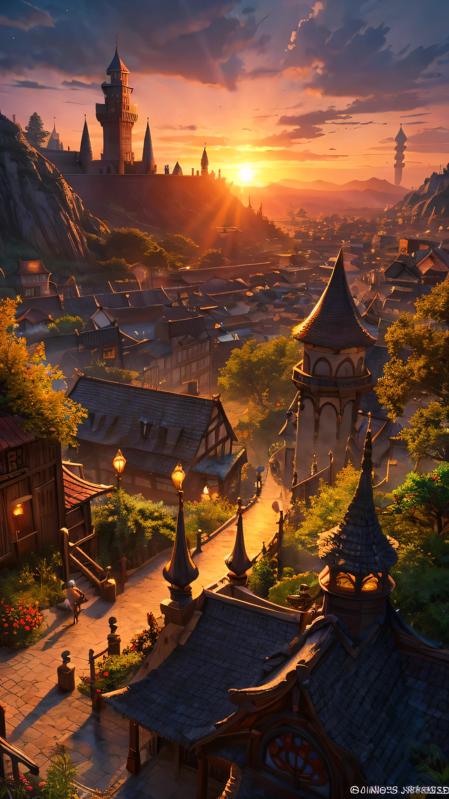 Highest quality,Fantasy,town,Sunset
