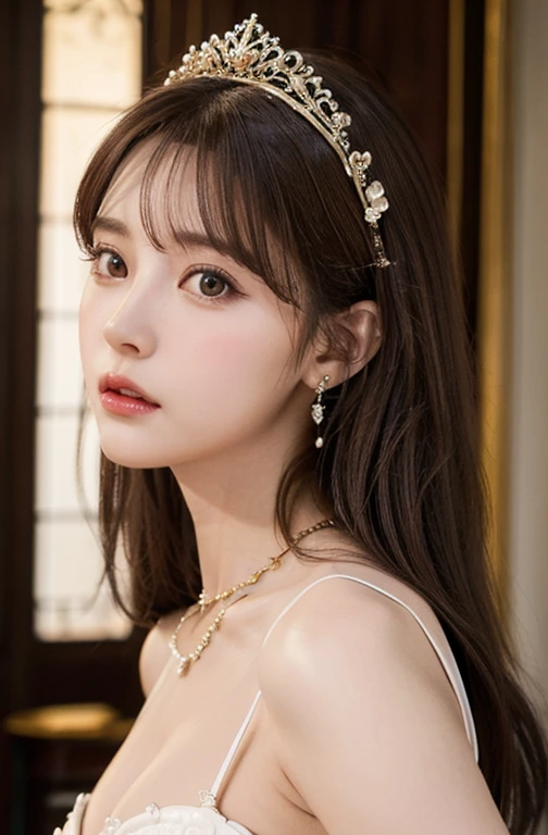 Princess , in castle , detailed hand , high quality, super quality, detailed face, beautiful woman , golden eyes, long hair , mega breast , gorgeous dress, tiara, necklace , earring , sharpe eyebrow , (brown hair:1.4), arching back, back view , looking at camera