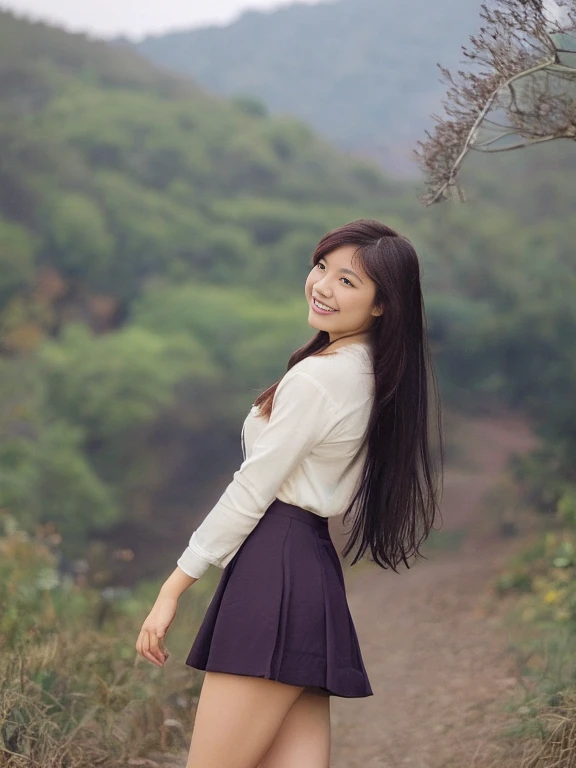 Japanese beautiful girl smile Cute Woman Long Hair Gazing into the distance Full body photography mini skirt