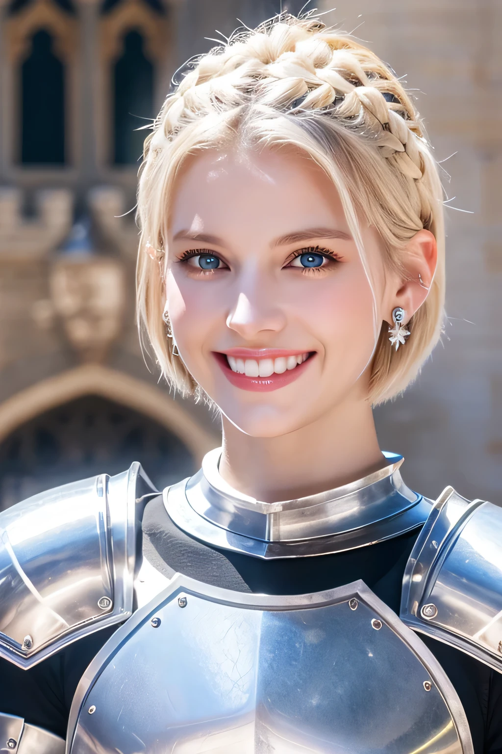 8K、highest quality、female knight、Luxurious Silver Armor、、hairstyle short cut、smile、Beautiful Teeth、Full body photo、ear piercing、blonde、White woman、blue eyes、Heavy makeup、The background is inside the castle