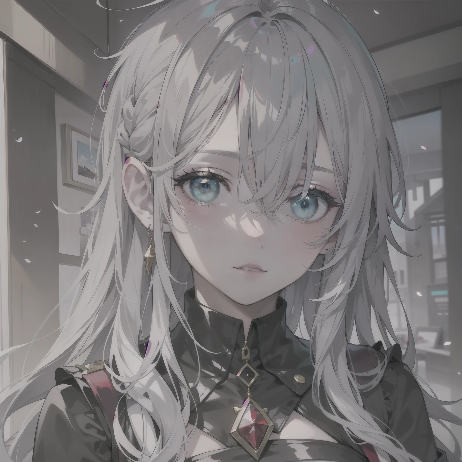Kizi,(silver hair:1.5),Shiny hairstyle,Messy hairstyle,long whitr hair(teal eyes with yellow pupils - eyed:1.2),colorful eyes,Clear red lips,super detailing,Perfect face,Textured transparent garment,black uniforms,(perfect bodies:2.0),Retina Screen,ultra-realistic realism,style of anime,artistic décorst person perspective,head portrait,(in a panoramic view:2.0),hyper HD。