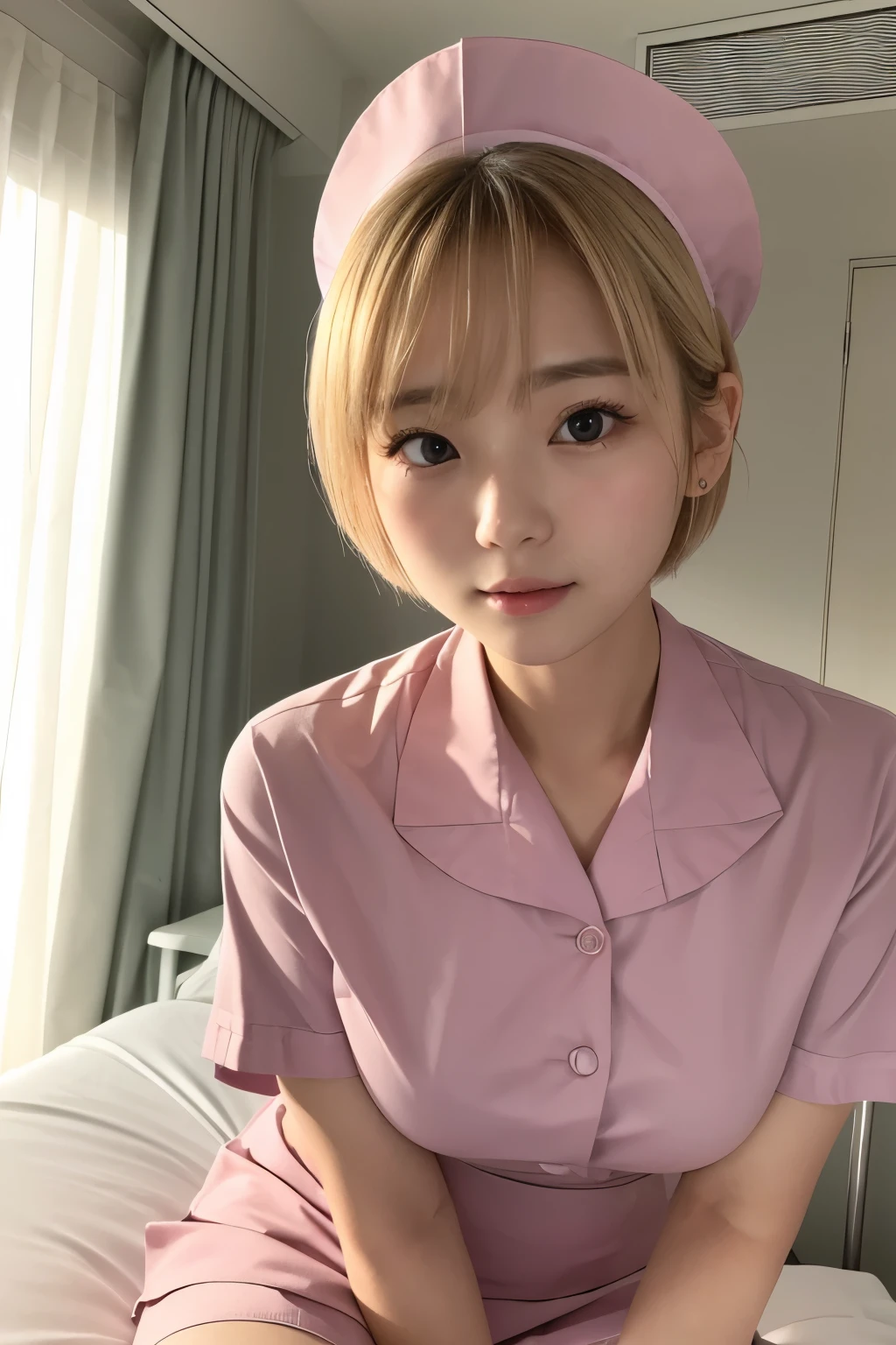 (1 Girl)、(Beautiful Japanese、18years old,round face、Refreshing、clear、seems kind、stylish、Pitiful、cute like an angel、cute、black eyes、,actress,Almond-shaped eyes), Good style , (Beautiful big breasts:1.0),(soft breasts),(very cute),(Blonde),(short bob hair),(enchanting eyes),(highlight on eyes:1.2)、(8K、Live shooting、highest quality、masterpiece:1.2、optimal lighting)、((masterpiece)),(Photo taken by a professional photographer),(real、photo real:1.4),break,{ (pink nurse costume),(((taraditional nurse uniform))),(pink nurse mini skirt),(( pantyhose)),(cleavage:0.7)},(Shy:1.4),(cheeks are red:1.2), break, break,Hospital,Face shot、Hospital room、Hospital bed