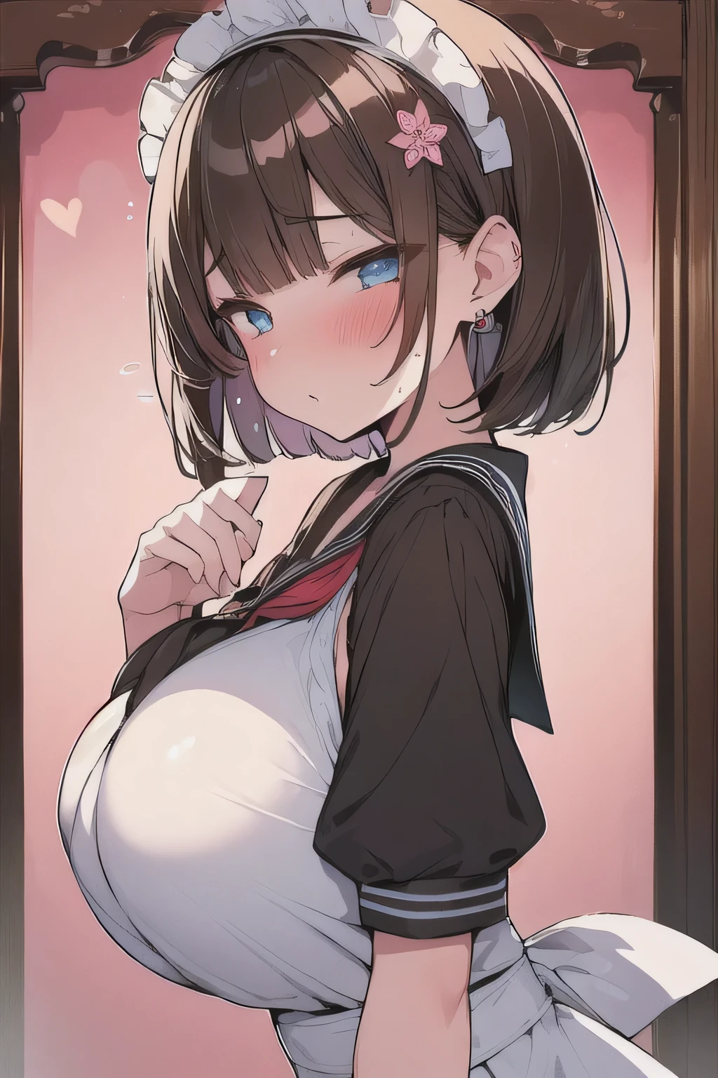 (best quality), (Super detailed), (Best Illustration), nsfw, (1woman), look at viewer, from side, (Ahegao:1.2), (serafuku:1.3), (maid), (very big Breasts:1.2), {brown hair, (bob cut:1.2), curly hair, hairs between eyes}, {(detailed eyes), heart-shaped pupils, blue eyes}, blush, sweat, steam, earrings, flower hairband, (school:1.3),