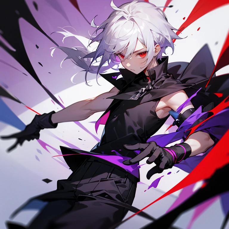 Boy with black sleeveless shirt messy white hair but not so much red eyes medium dark black gloves pants with a purple skirt and gloves