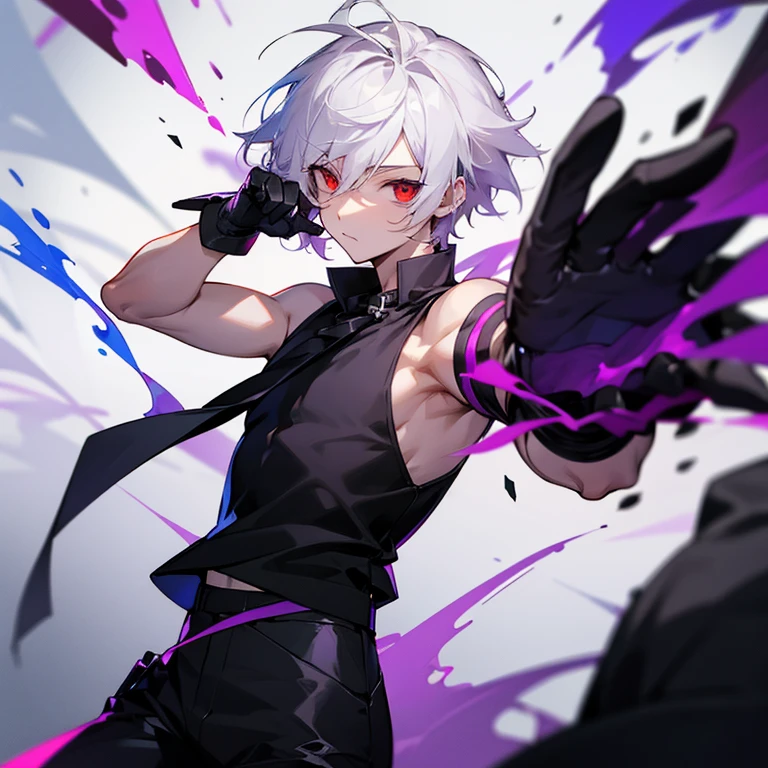 Boy with black sleeveless shirt messy white hair but not so much red eyes medium dark black gloves pants with a purple skirt and gloves