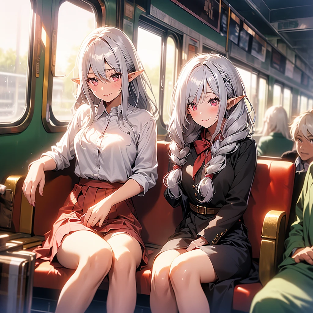 An elf woman, very dark tanned skin, beautiful silver hair, pointy ears, beautiful red eyes, pink lips, traveling, in an old train, sitting on an old train seat, looking out the train window, smiling , neat clothes, long skirts