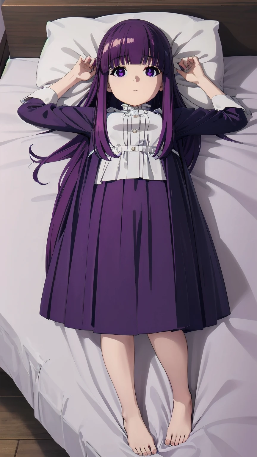 (((Pixel Perfect, Perfect detail))), One girl, alone, From above, Fern, Long Hair, bangs, (Purple eyes:1.1), Purple Hair, Side Lock, blunt bangs, (Bright Eyes:1.5), Half Up,(Lying in bed:1.3), ((full body))