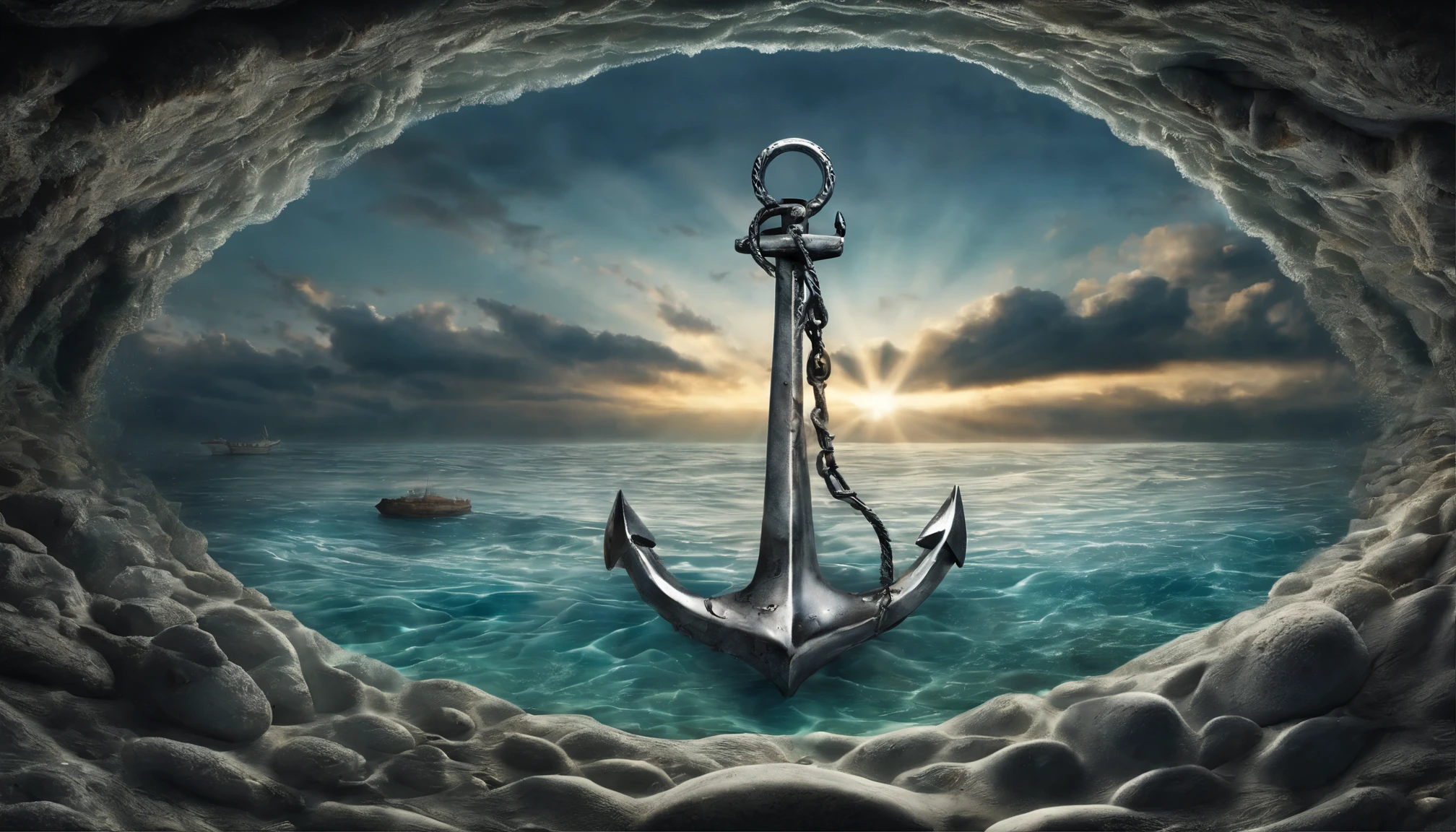distinctive.(((show a CHROME ANCHOR stuck at the bottom of a deep ocean floor))) rays of sunlight filtered through the ocean surface, illuminating the hidden world below, create a captivating underwater scene. vertical panorama, ultra wide view. Ultra HD, work of art, award-winning photo, Wide Landscape Photography, (a view from below that shows the sky above and the open countryside below),