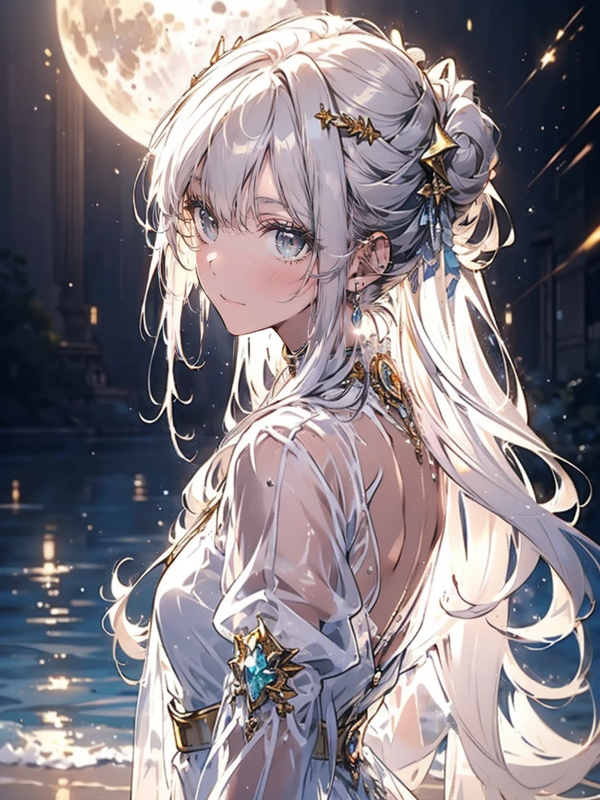 (highest quality, masterpiece, Very detailed, Very detailed, Exquisite, 16k,Full HD),Pull,Golden Ratio,Dramatic lighting,pastel colour,Floating in the air,Soft lighting, ((alone:1.5)),Seaside,moonの光,Starry Sky,meteor,moon,((whole body)),(devil princess, Long eyelashes,White skin,slim,White fluffy hair,Beehive hairstyle(See-through),(Wearing only a white:1.1), (blush:2.2), Revealing clothing,Feeling embarrassed,Voluminous hairstyle