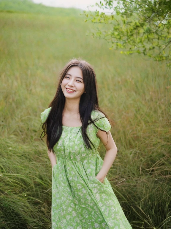 Japanese　beautiful girl　smile　　Cute Woman　Long Hair　Gazing into the distance　Full body photography　Light green dress