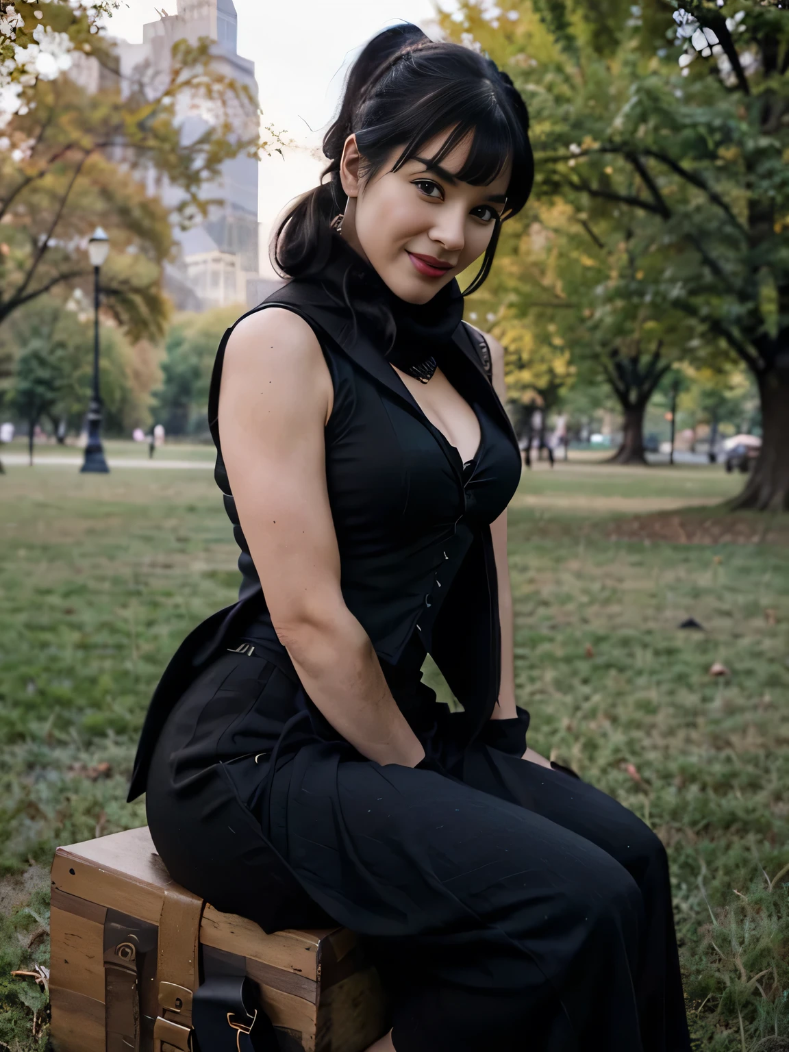 beautiful girl that looks like Bettie page, smile, updo, ponytail hair, black long maxi-skirt(black long maxi-skirt:1.2), black satin gloves,high boots, ((and a long woolen vest )), flirting with the camera, hand bag on her shoulders, sitting on teh grass of central park,